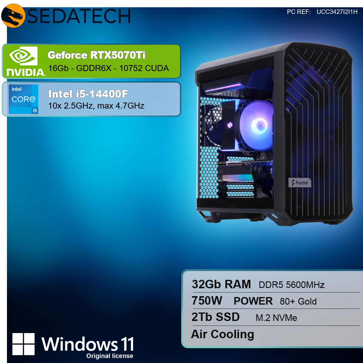 Obudowa komputera z komponentami, w tym kartą graficzną. Specyfikacje wyświetlane po lewej stronie.