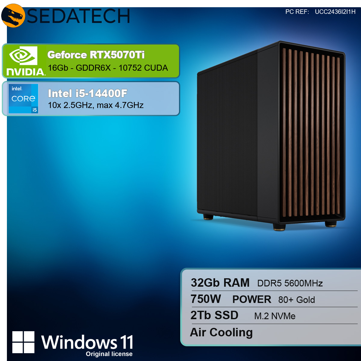 Un case per computer con componenti elencati a sinistra e un logo Windows 11 in basso.