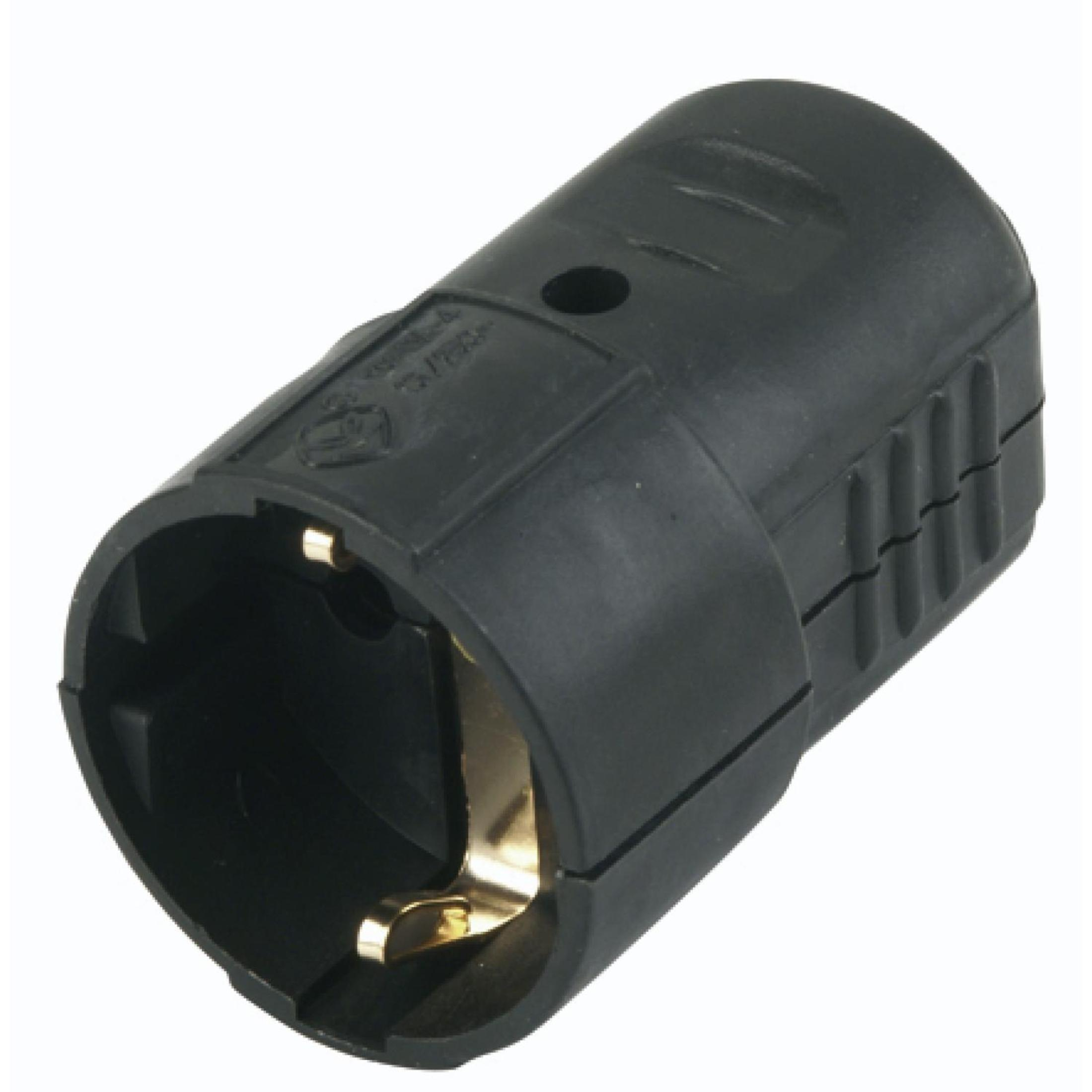 Viene mostrato un connettore elettrico nero. Ha una forma cilindrica con contatti metallici color oro all'interno.