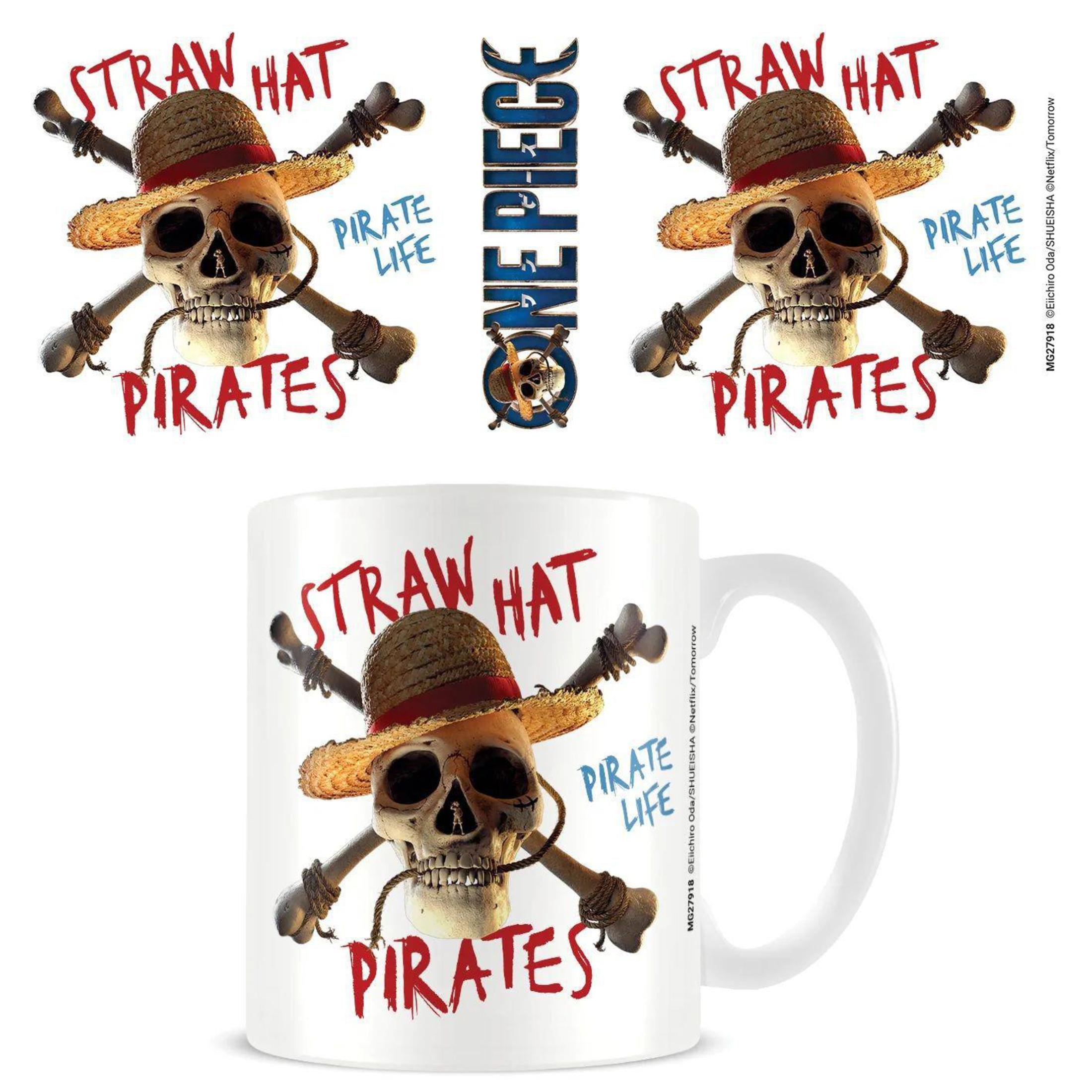 One Piece-Tasse mit Totenkopf, gekreuzten Knochen und Strohhut-Design.