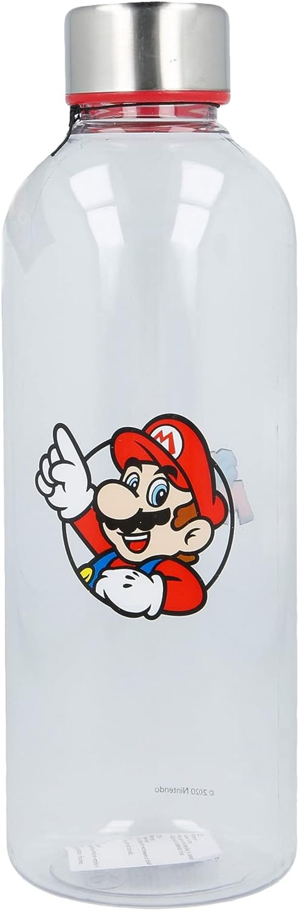 Bottiglia d'acqua in plastica trasparente con un adesivo del personaggio di Mario.