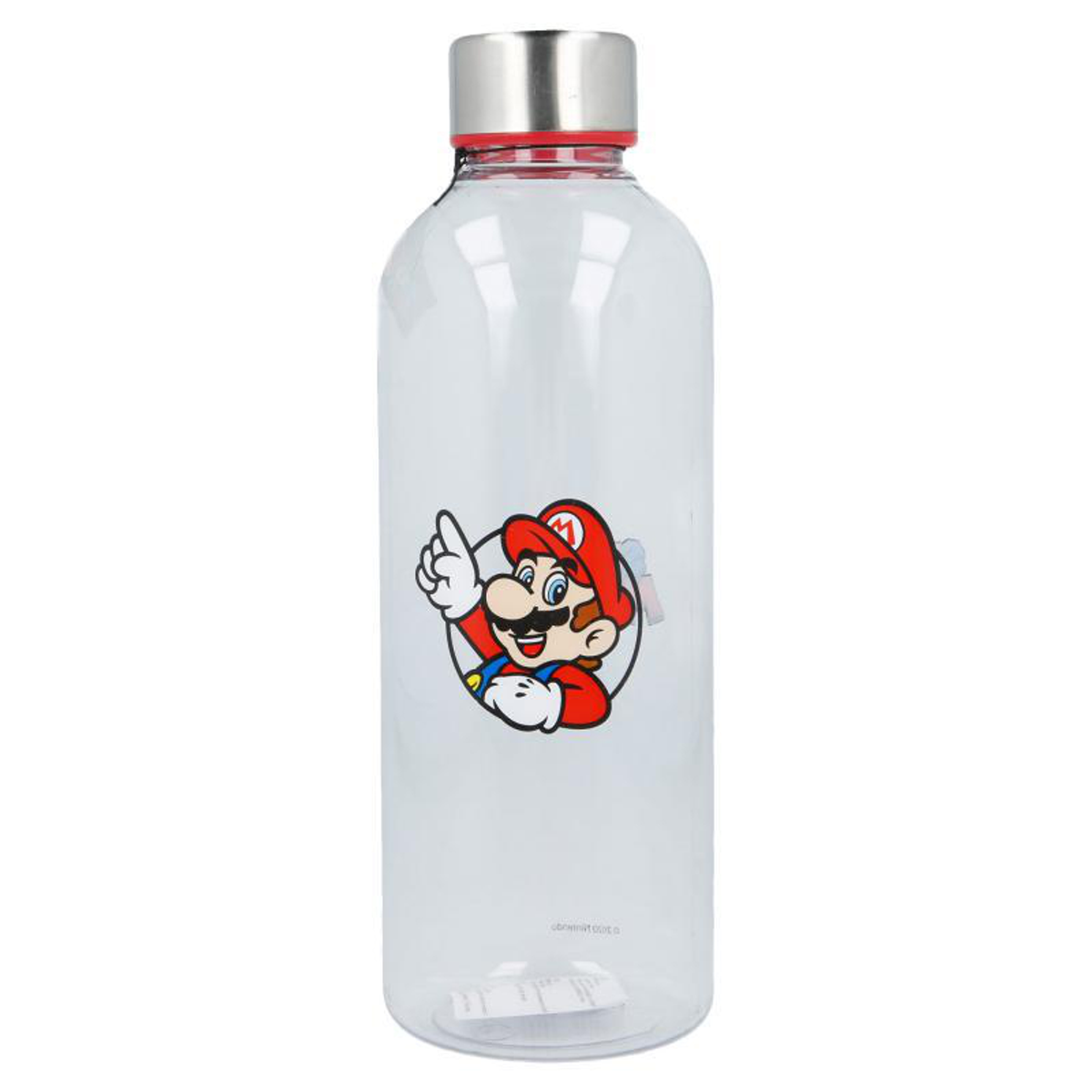 Una borraccia di Mario con l'immagine di Mario sopra. La bottiglia è trasparente. Un tappo rosso e una parte superiore argentata.