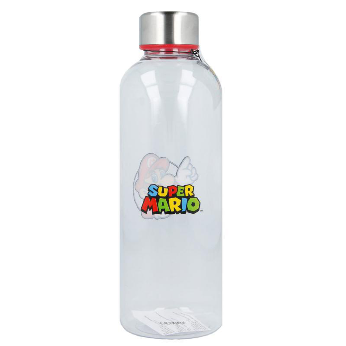 Borraccia Super Mario in plastica trasparente con tappo rosso e logo su sfondo bianco.