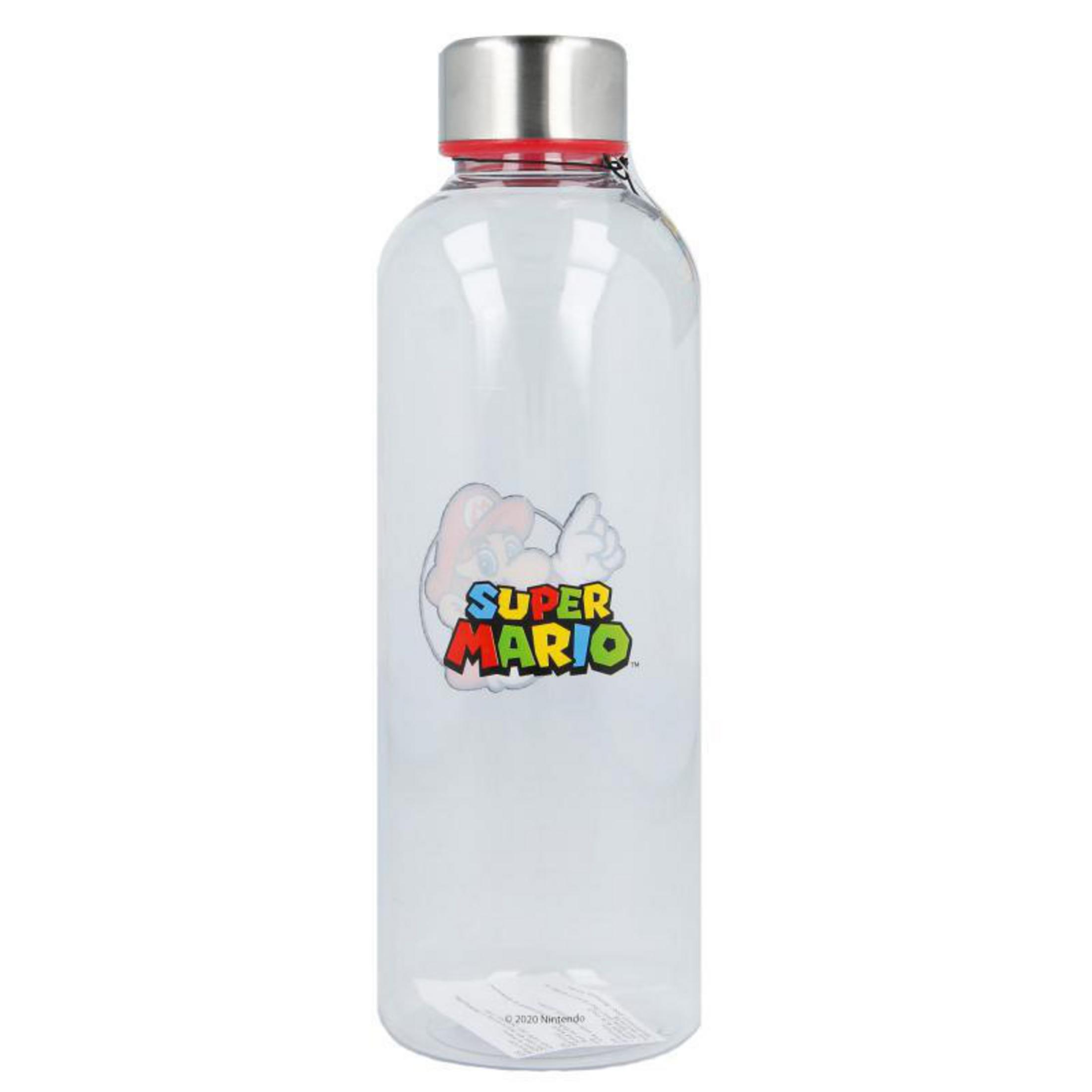 Borraccia trasparente di Super Mario con tappo rosso e parte superiore argentata.