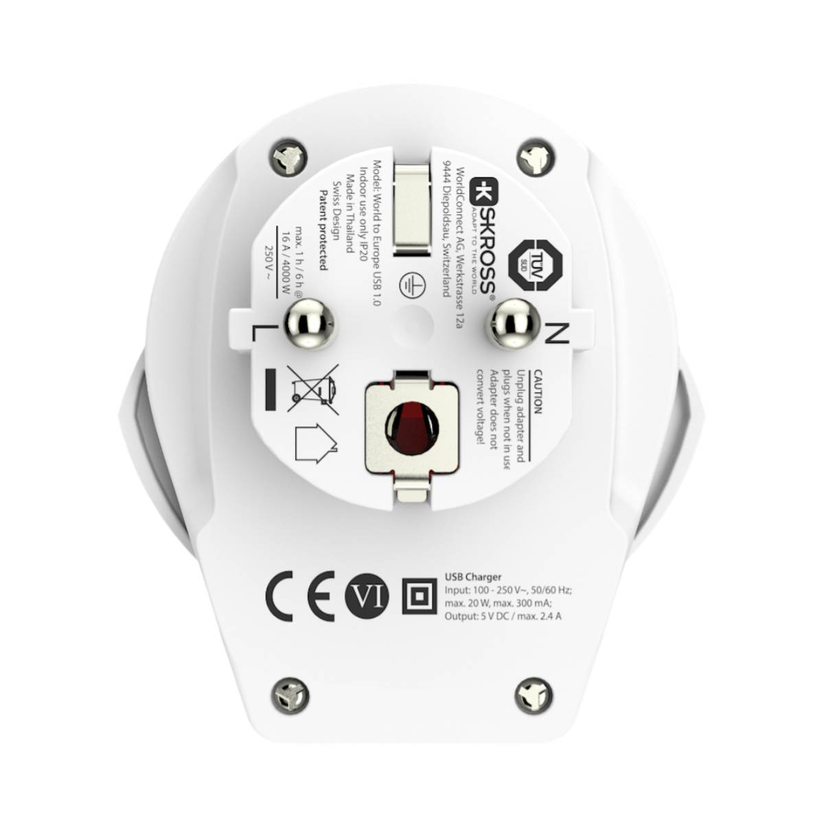 Weißer Adapter mit verschiedenen Steckertypen und Sicherheitskennzeichnungen. USB-Infos.