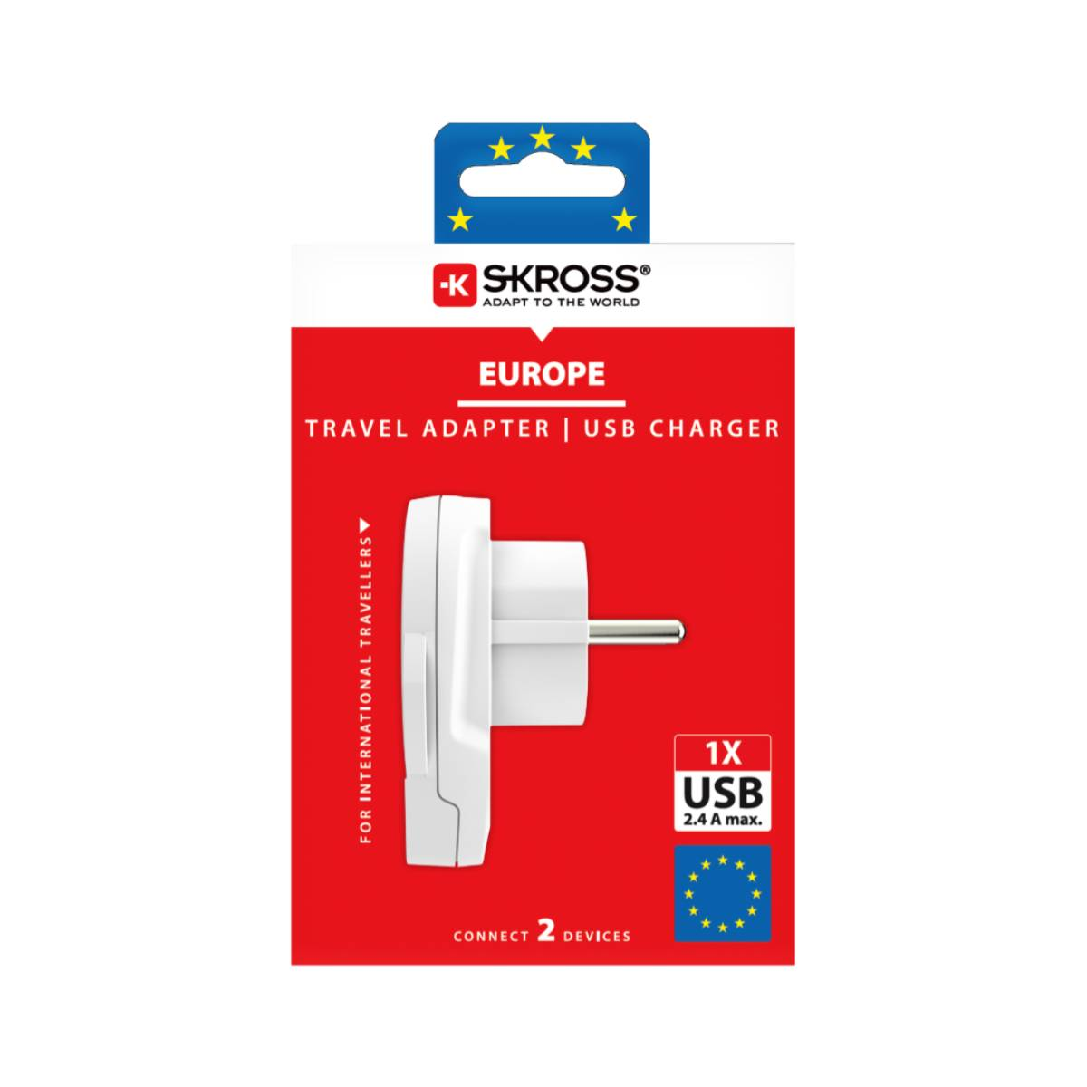 Eine weiße und rote Schachtel mit einem Reiseadapter und einem USB-Ladegerät. Die Schachtel hat eine europäische Flagge.