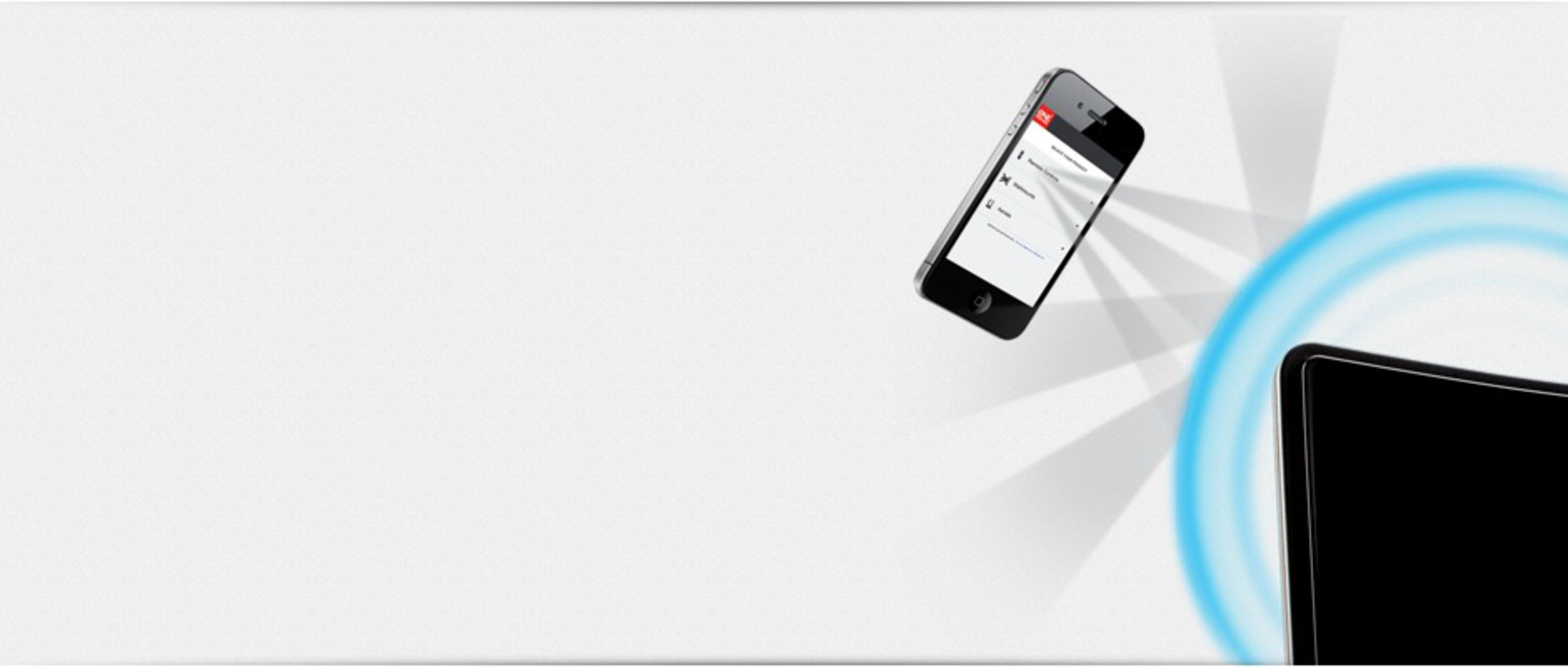 A phone is shown floating above a laptop. The phone has a menu open. The background is white.