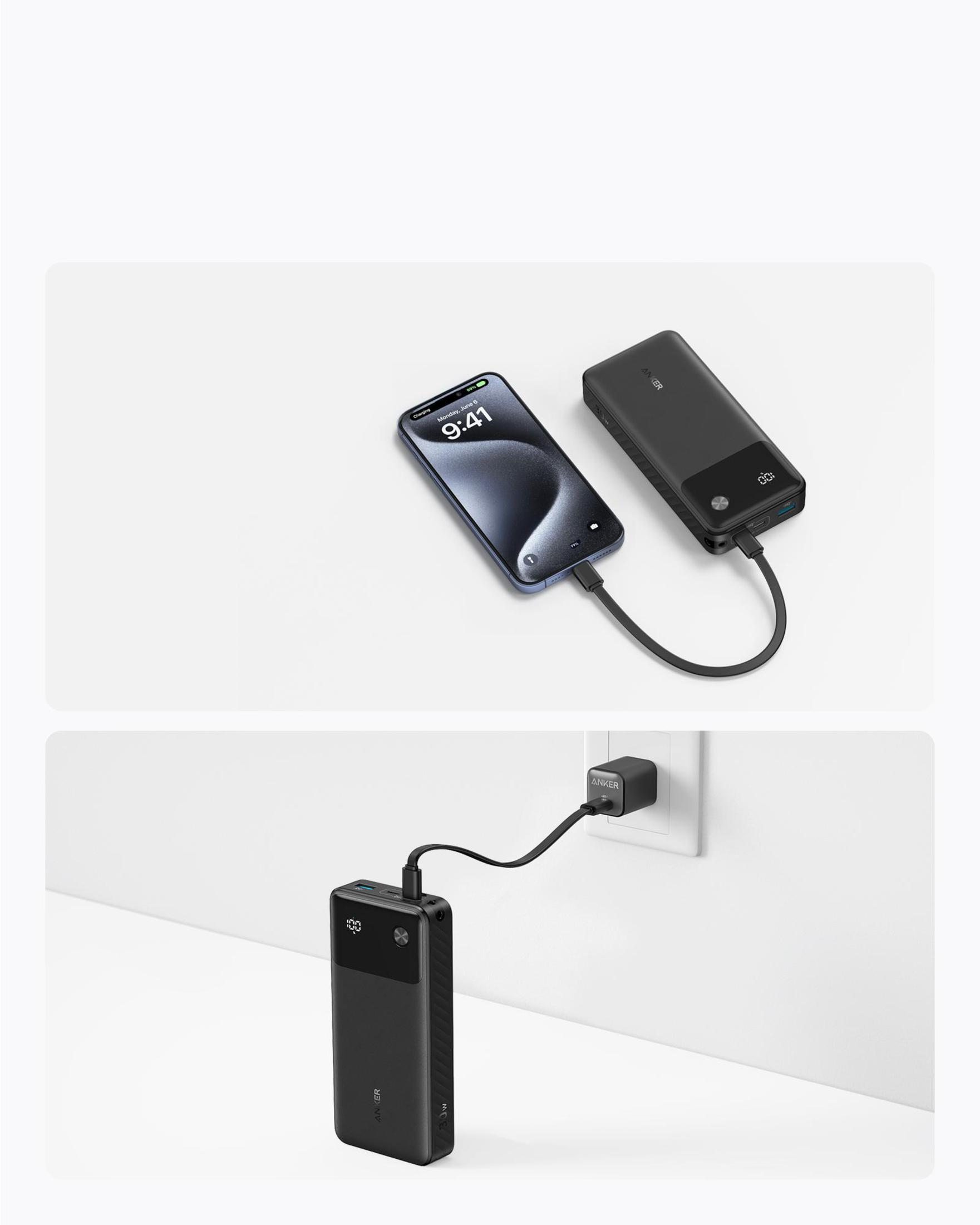 Due power bank che caricano un telefono e un altro power bank, con un caricatore collegato.