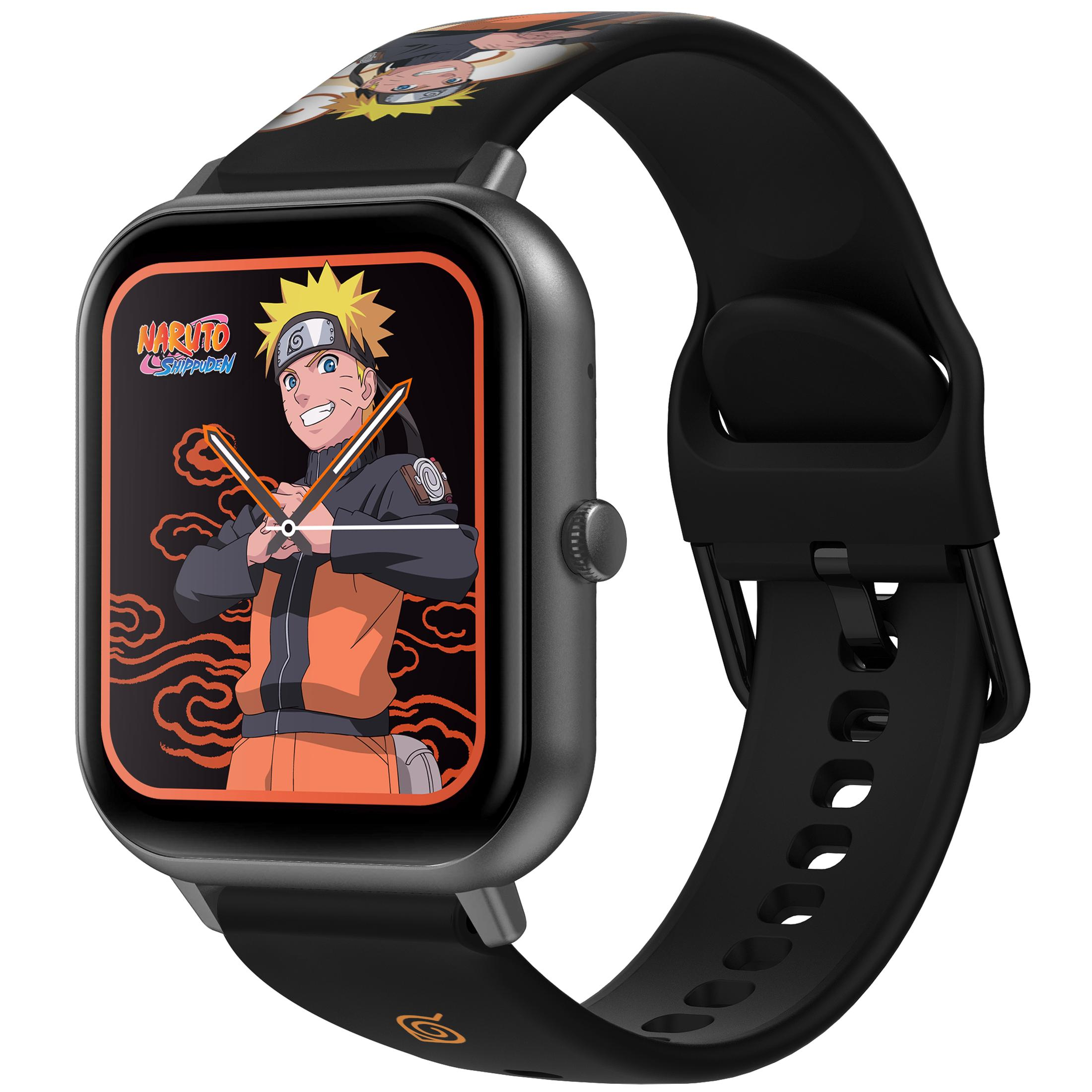 Uno smartwatch nero con un design di Naruto sullo schermo e cinturino nero.