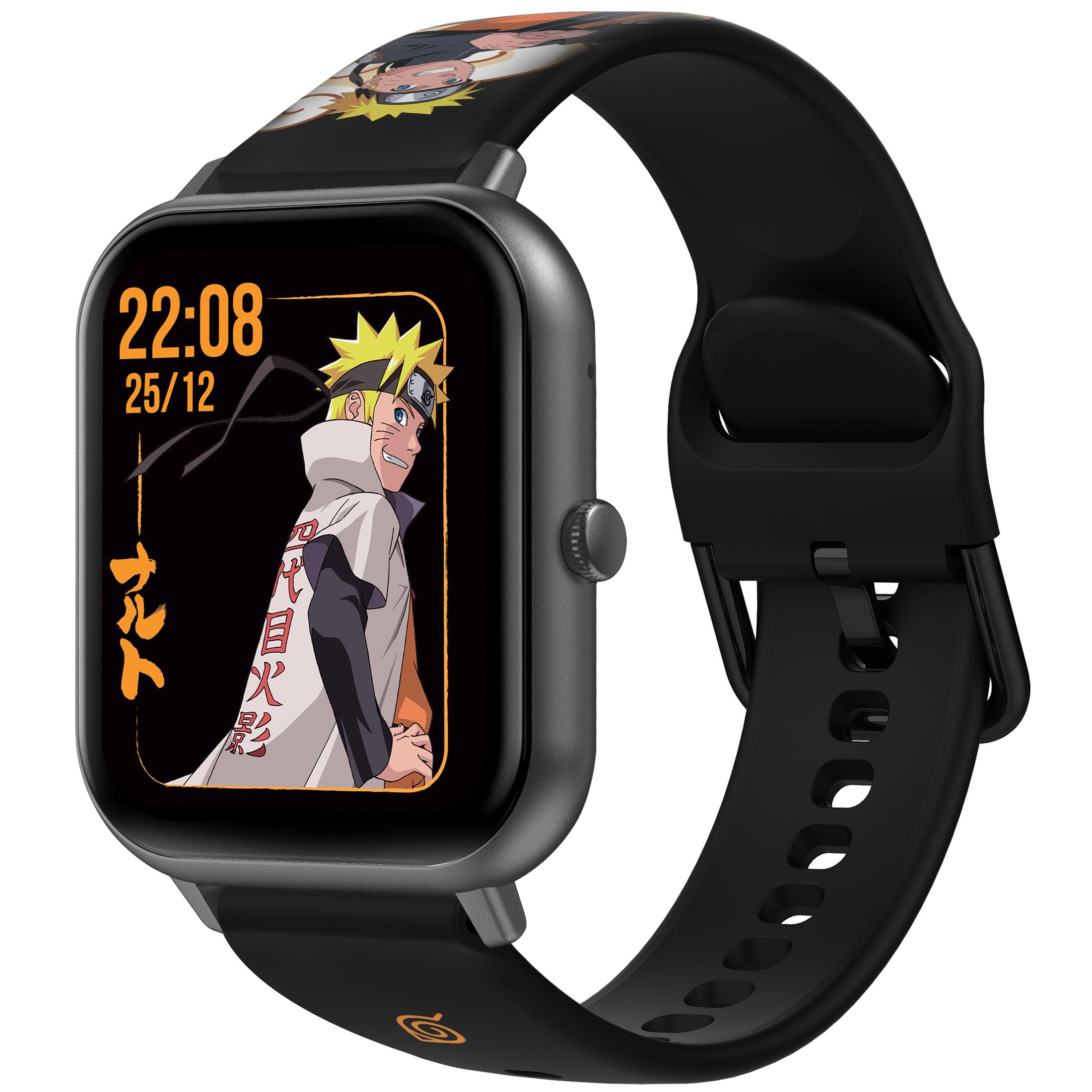 Smartwatch con design Naruto. Mostra l'ora e l'immagine di Naruto. Cinturino nero.