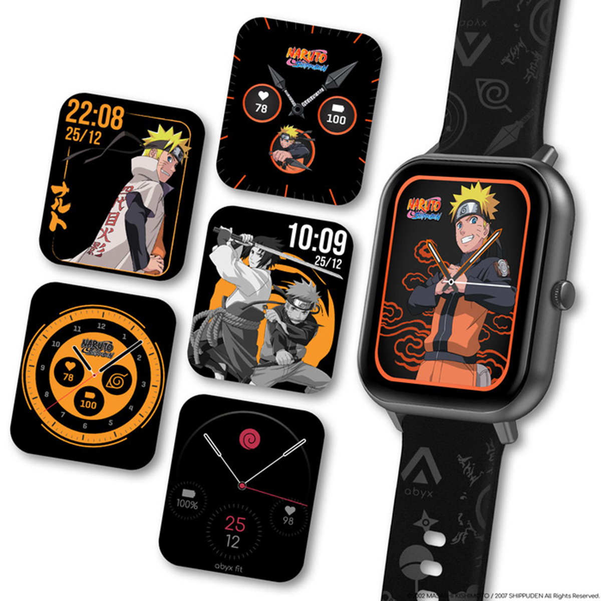 Smartwatch con quadranti a tema Naruto. Diversi design mostrano personaggi di Naruto e display dell'ora.