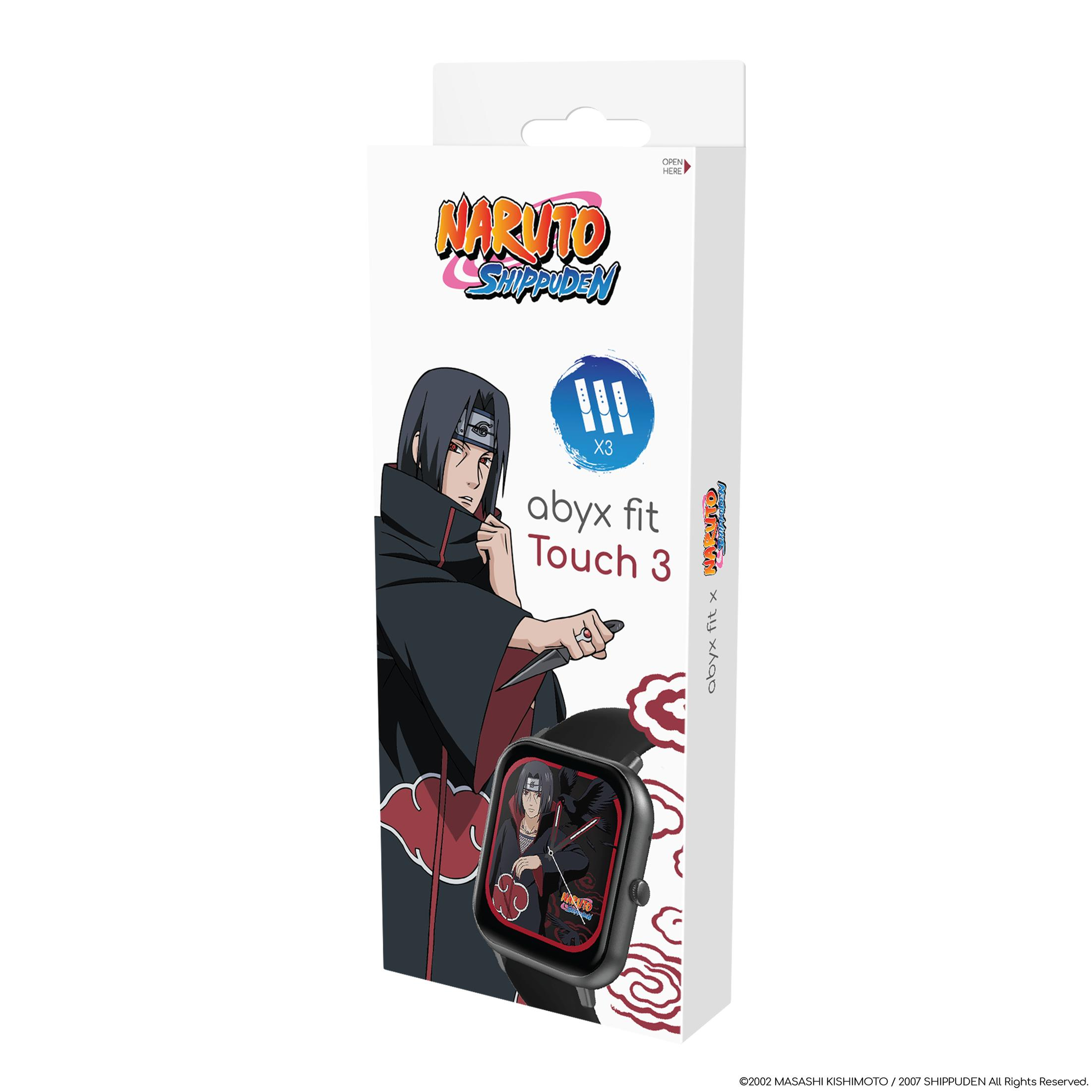 Scatola smartwatch Naruto Shippuden Abyx fit Touch 3, con grafica di Itachi Uchiha.