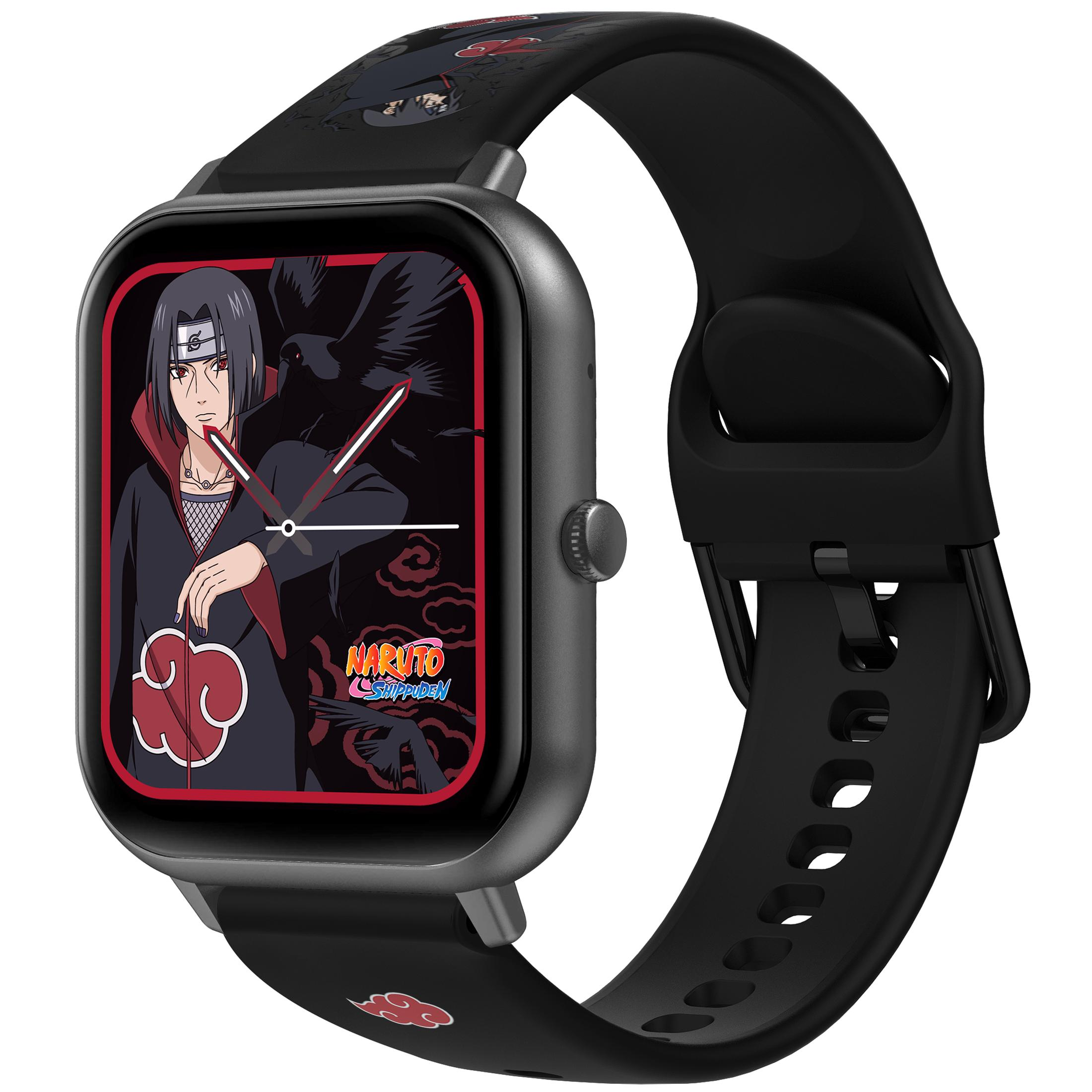 Smartwatch nero con grafica di Naruto sullo schermo, cinturino nero e pulsante laterale. Itachi.