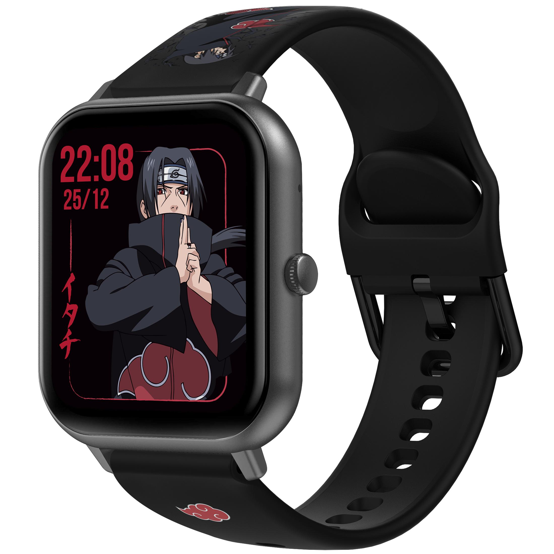 Uno smartwatch che mostra l'ora e un personaggio di Naruto. L'orologio ha un cinturino nero.