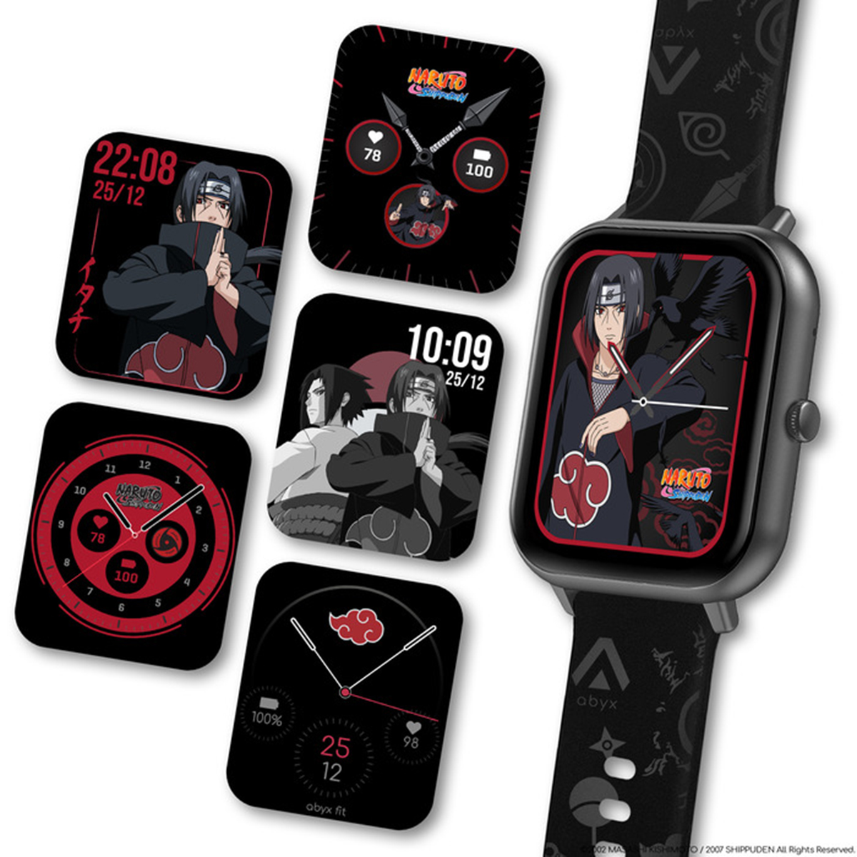 Smartwatch con personaggi di Naruto sullo schermo e cinturino nero.