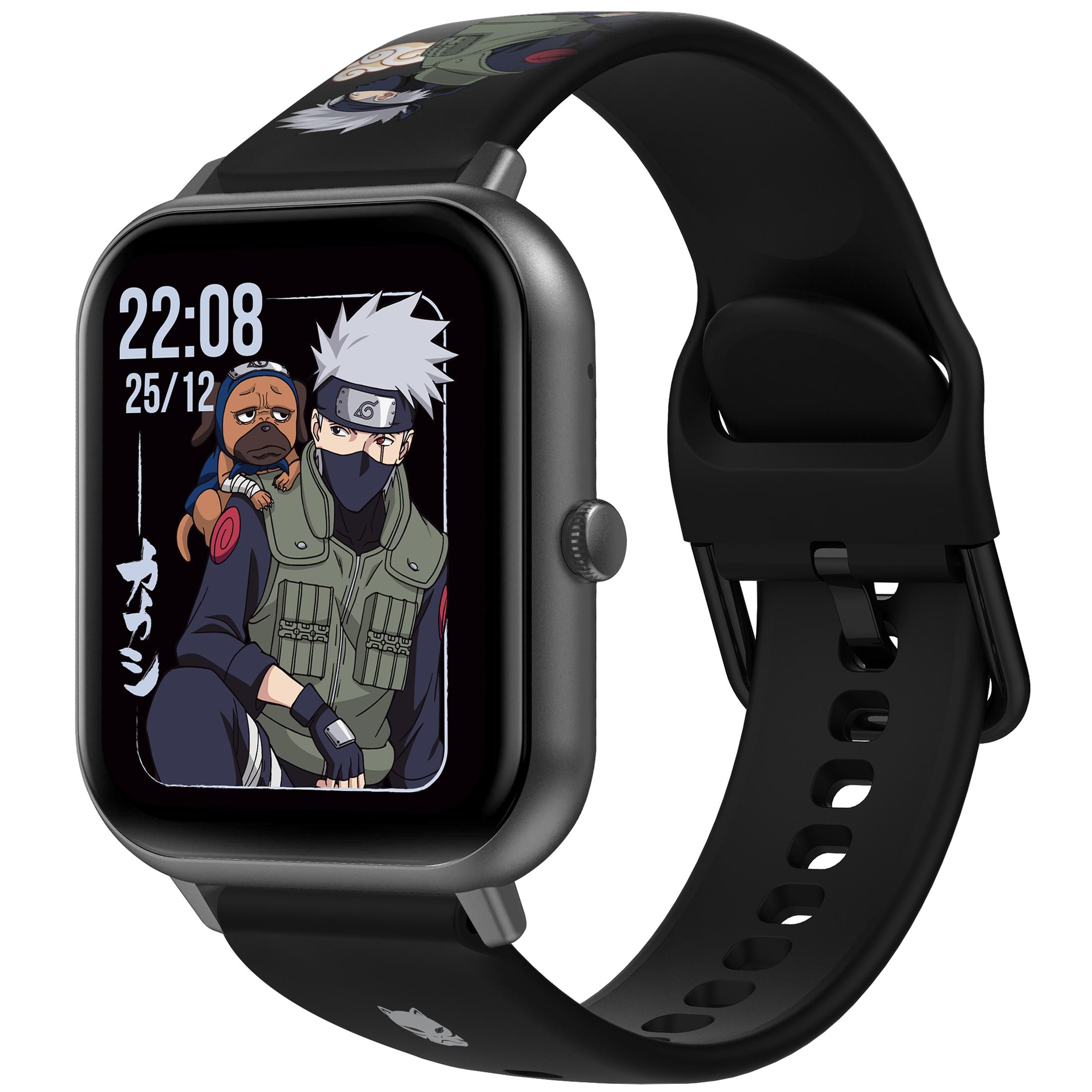Smartwatch nero con personaggio di Naruto sullo schermo e cinturino nero.