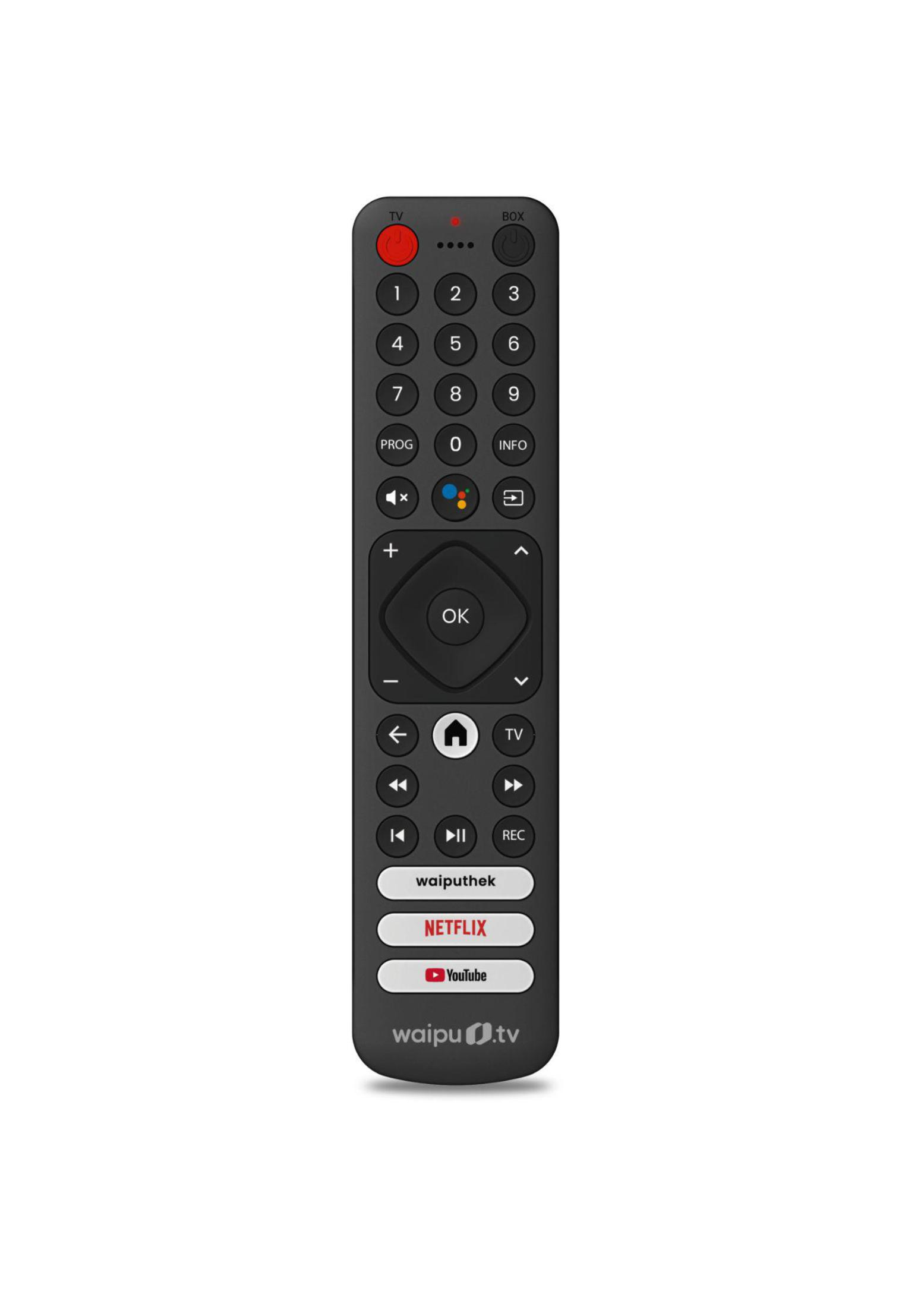 Schwarze TV-Fernbedienung mit Tasten, einschließlich Netflix und YouTube, auf weißem Grund.