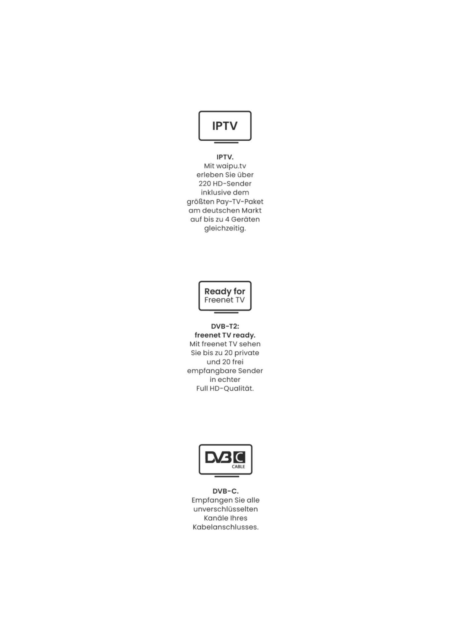 Text auf weißem Hintergrund: IPTV, DVB-T2 und DVB-C. Jedes hat eine kurze Beschreibung seiner Funktionen.