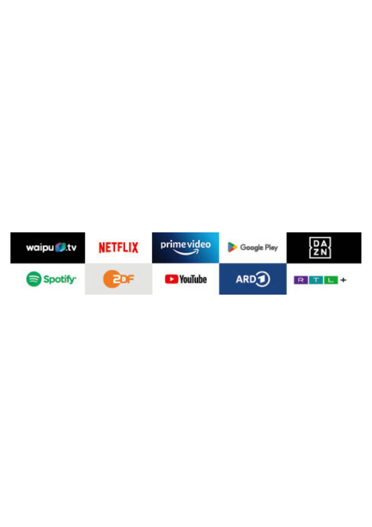 Logos von Streaming-Diensten: Waipu TV, Netflix, Prime Video, Google Play, DAZN, Spotify, 2DF, YouTube, ARD, RTL+.