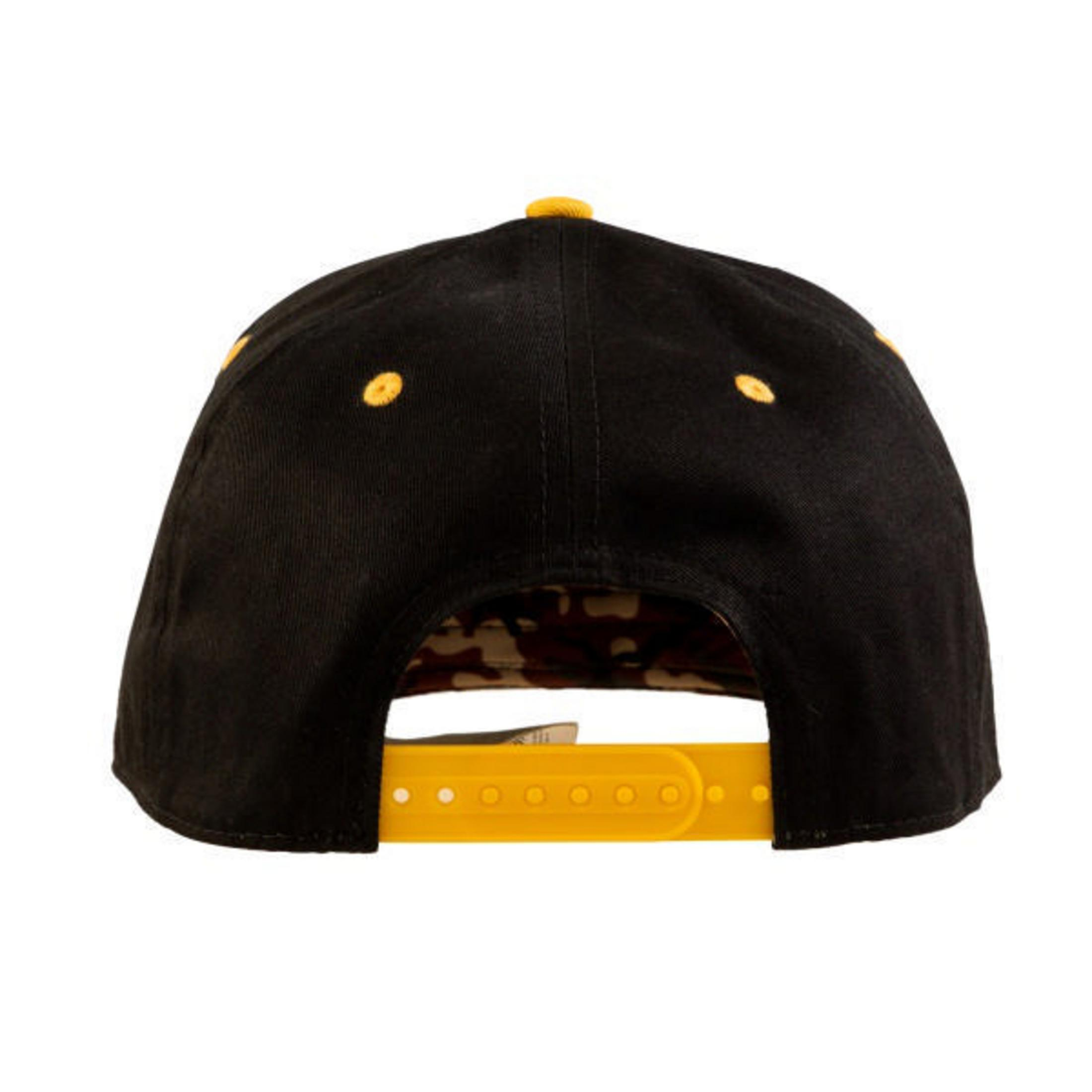 Schwarze Baseballkappe mit gelben Akzenten, von hinten betrachtet.