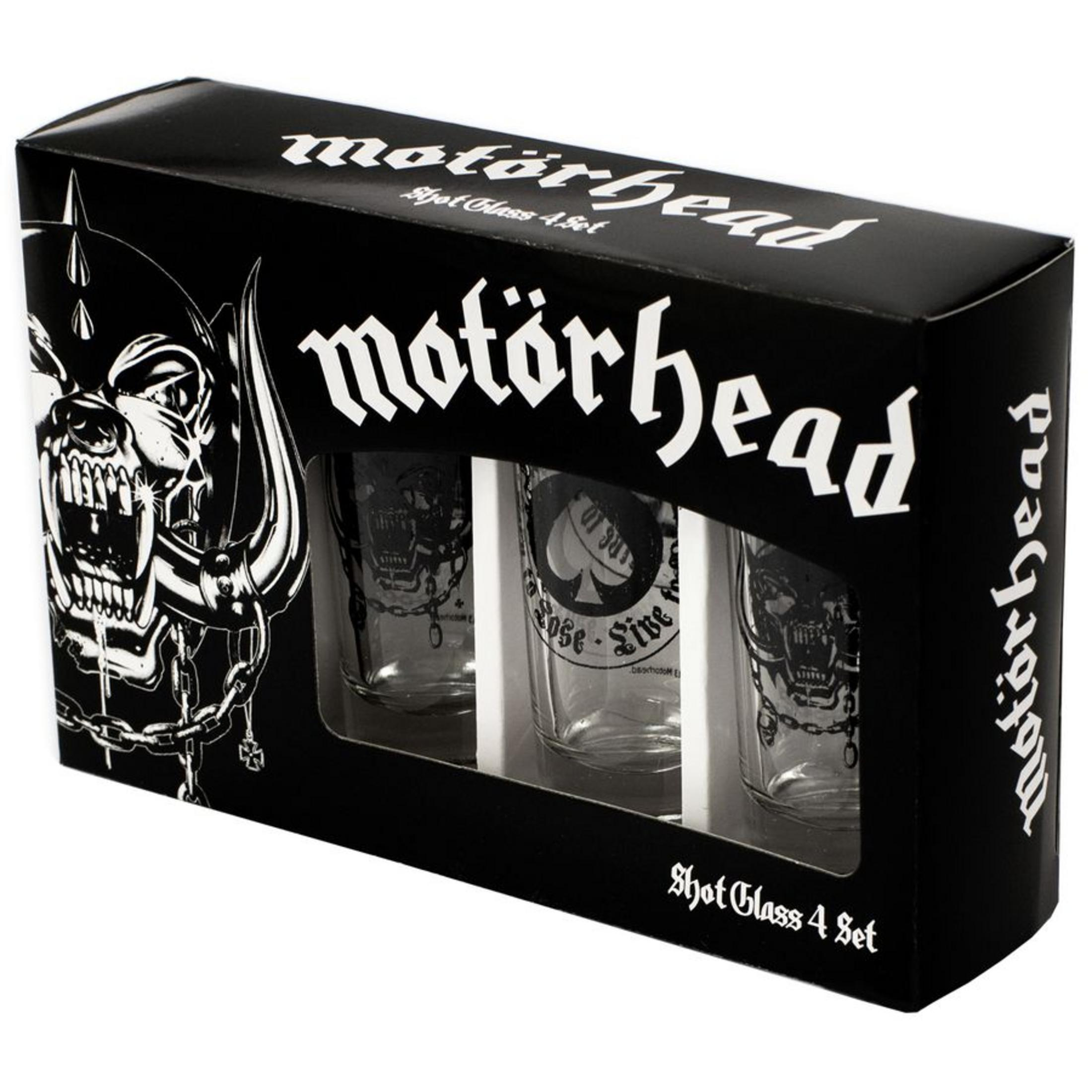 Eine schwarze Schachtel mit Motörhead-Schnapsgläsern mit Totenkopf-Designs. Die Schachtel ist schwarz mit weißem Text.