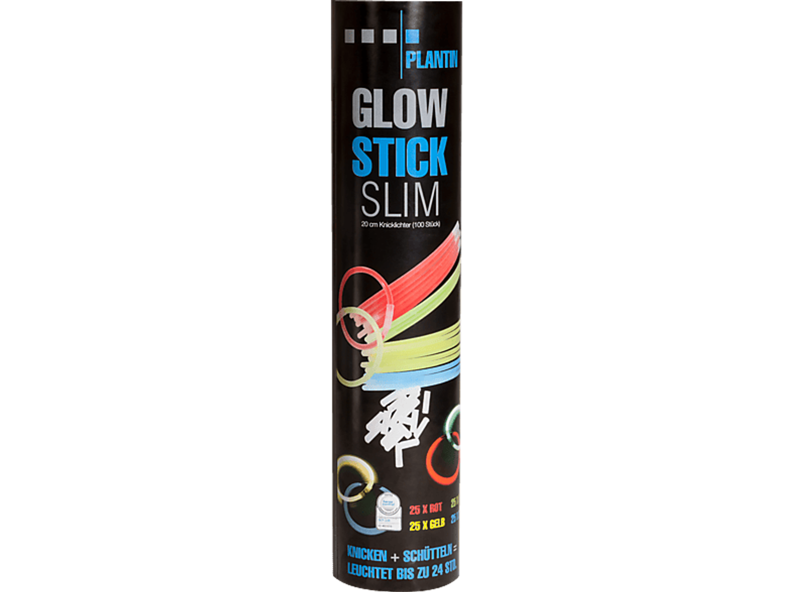 Eine schwarze Röhre mit dem Aufdruck „Glow Stick Slim“. Die Röhre enthält bunte Leuchtstäbe.