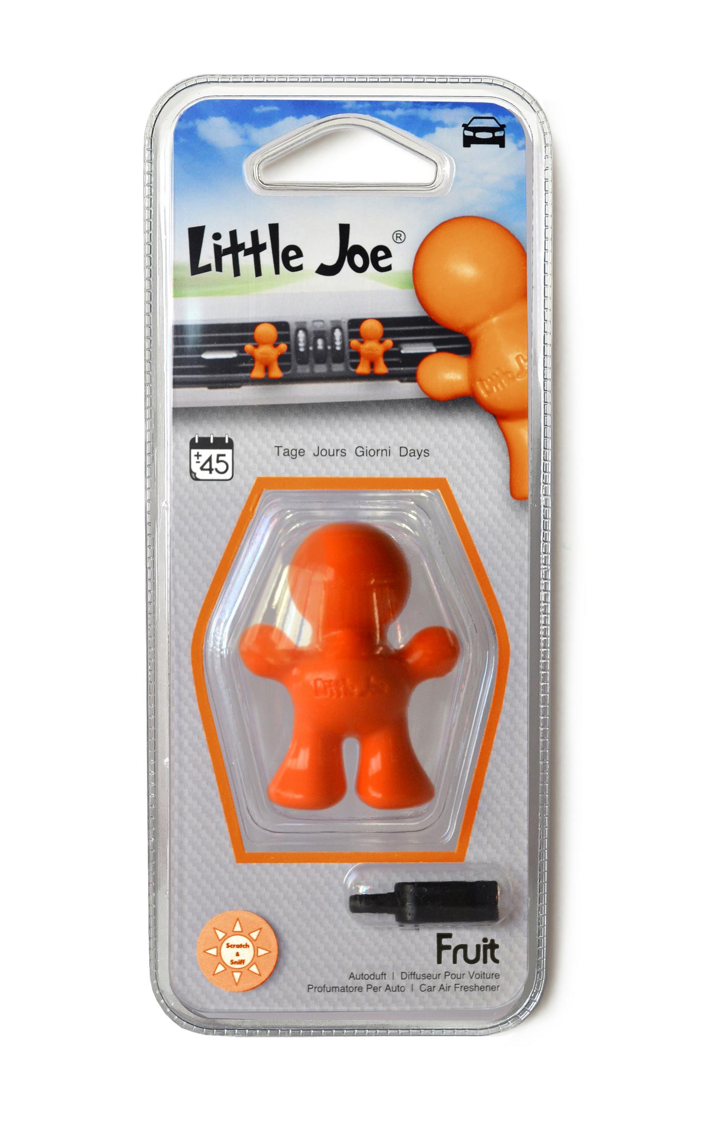 Oranger Little Joe Lufterfrischer in Verpackung, mit kleiner oranger Figur.