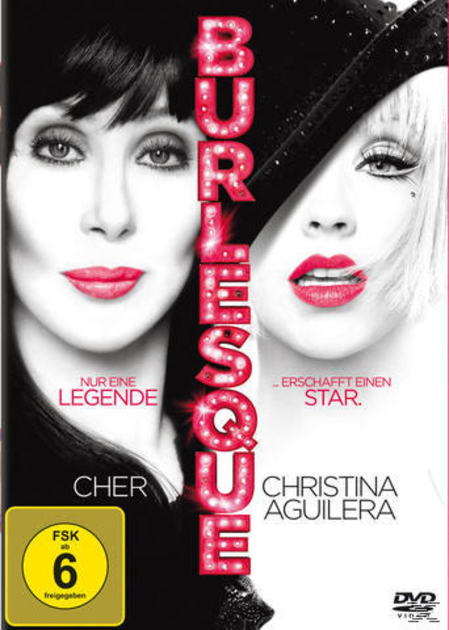 Poster del film Burlesque con Cher e Christina Aguilera. Il titolo è in lettere al neon rosa.