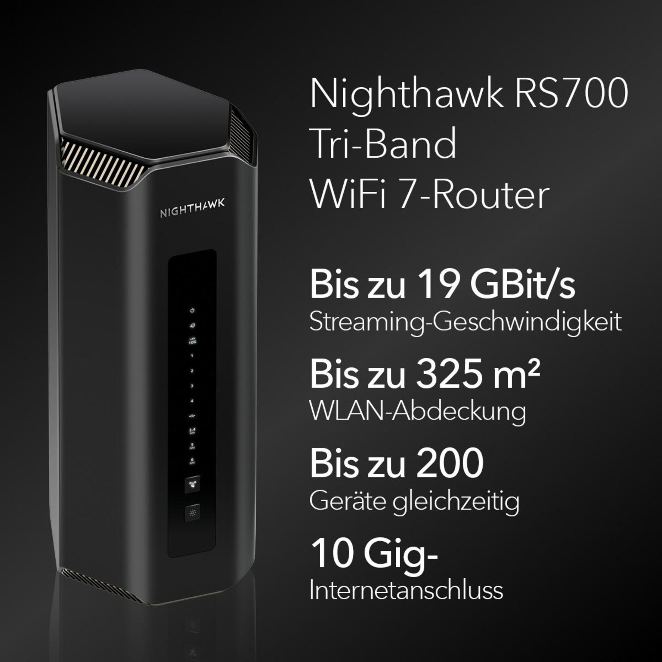 Czarny router Nighthawk WiFi 7 z tekstem o jego funkcjach.