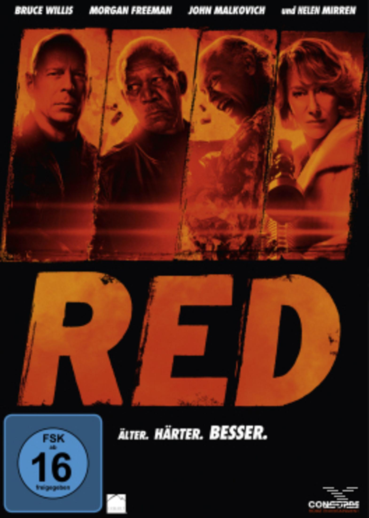 Filmposter für RED mit Bruce Willis, Morgan Freeman, John Malkovich und Helen Mirren. Rottöne.