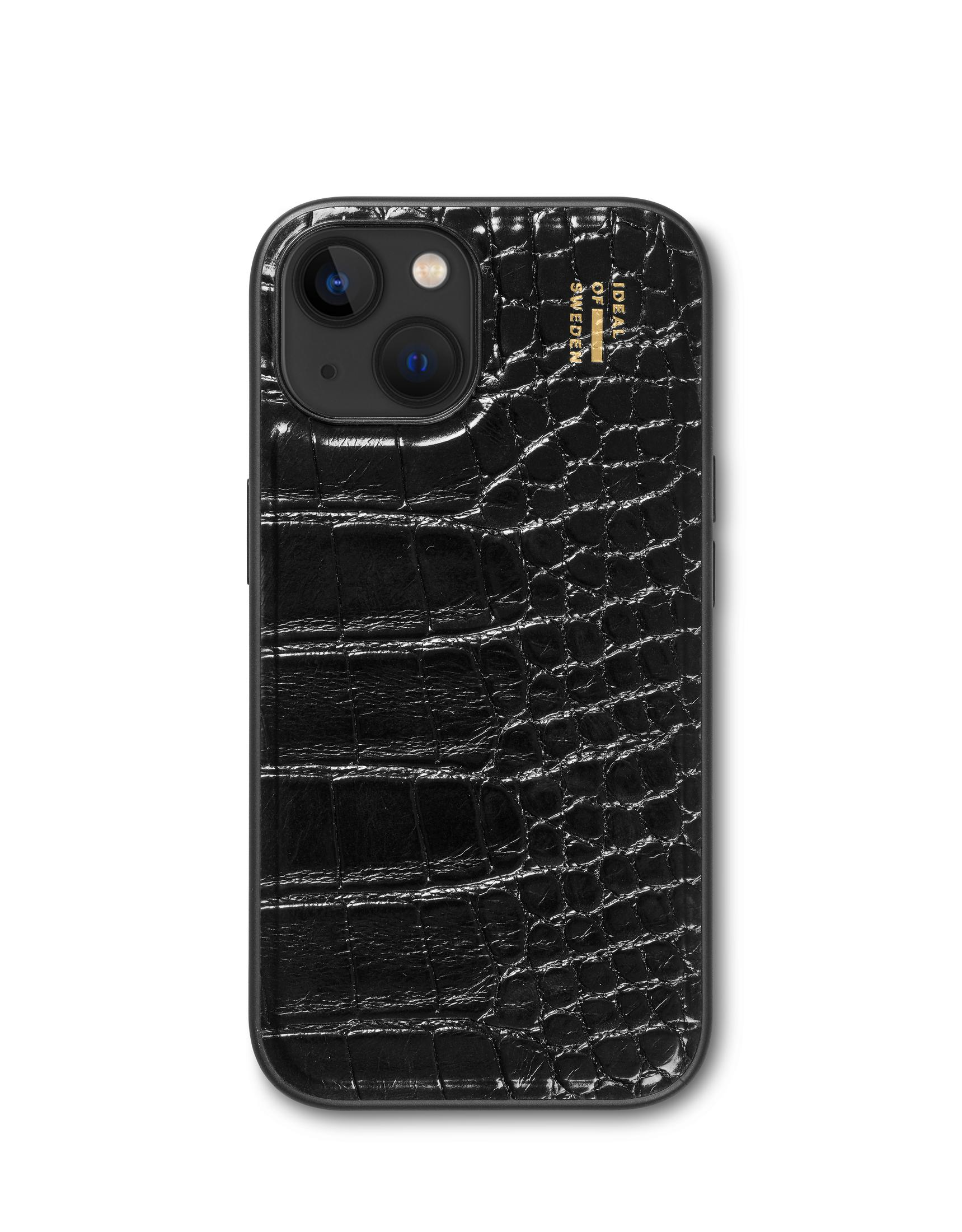 Schwarze iPhone-Hülle mit Kroko-Haut-Textur. Die Kamera ist sichtbar.