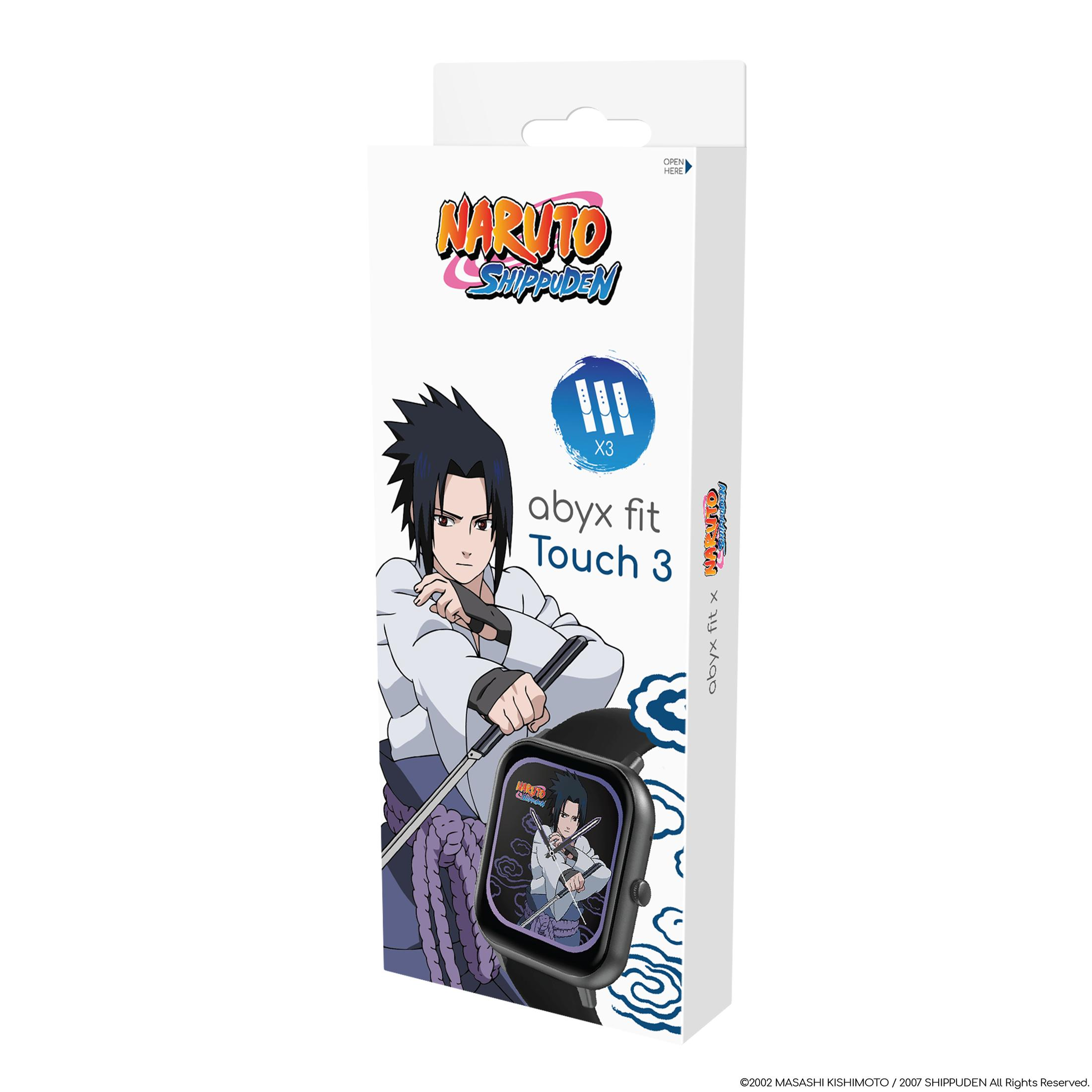 Scatola con personaggio di Naruto Shippuden sopra. Uno smartwatch al polso. Sfondo bianco.