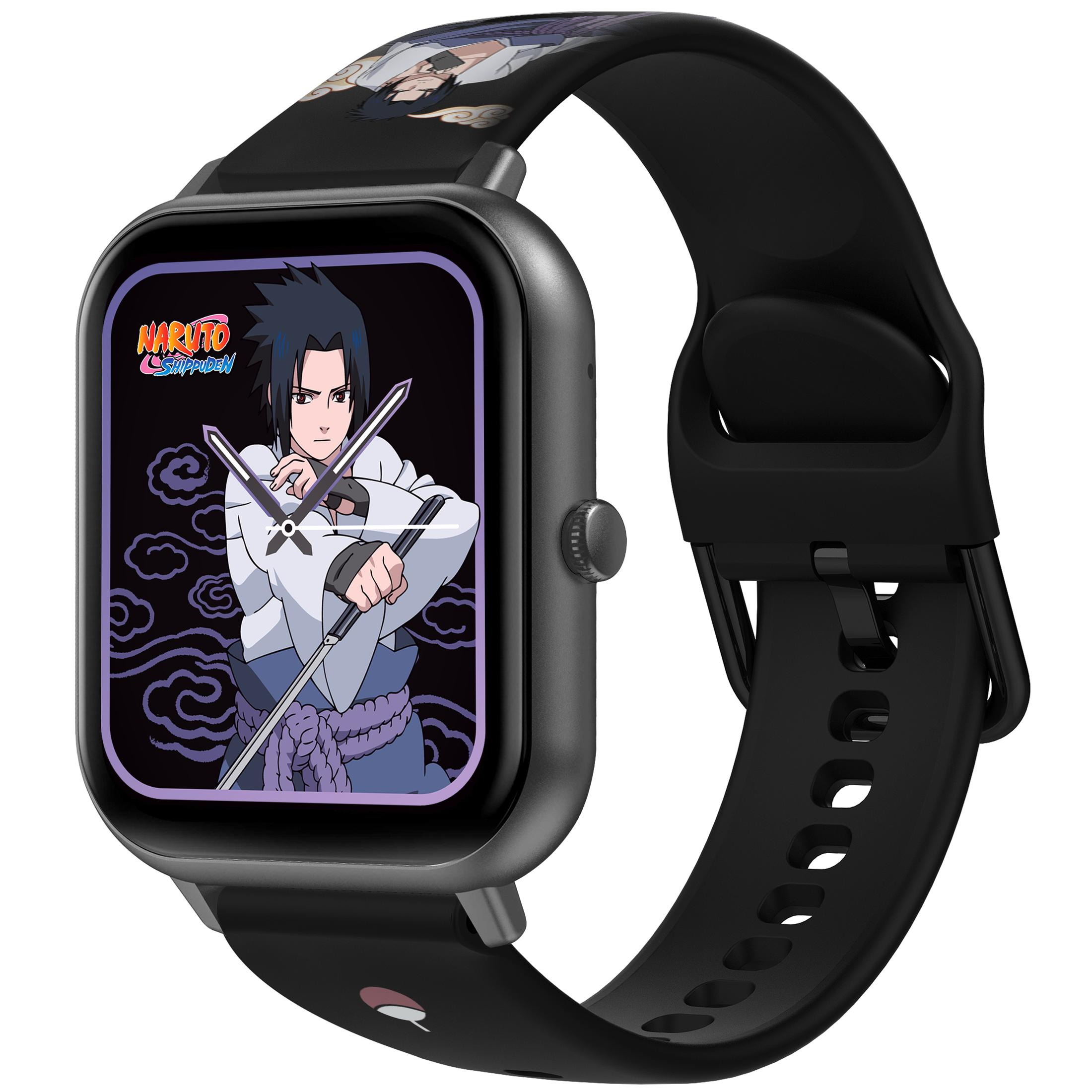 Uno smartwatch nero a tema Naruto, con Sasuke sullo schermo e un cinturino nero.