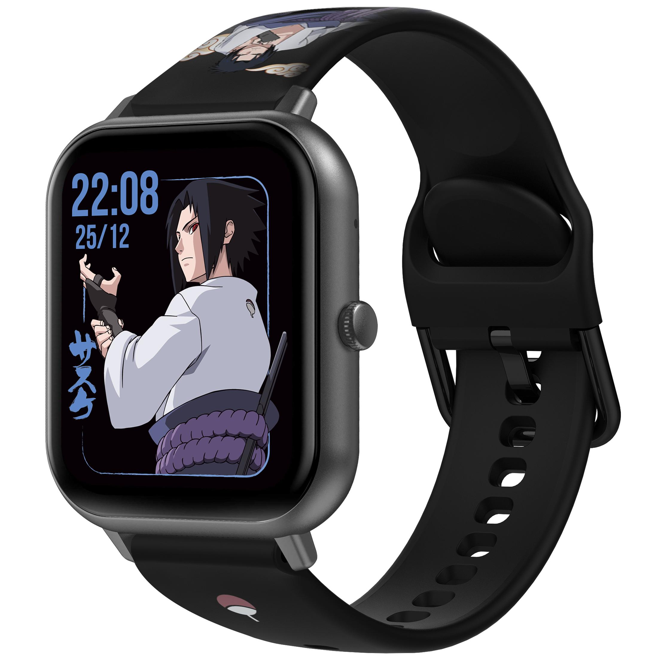 Uno smartwatch con display del personaggio di Naruto e cinturino nero.