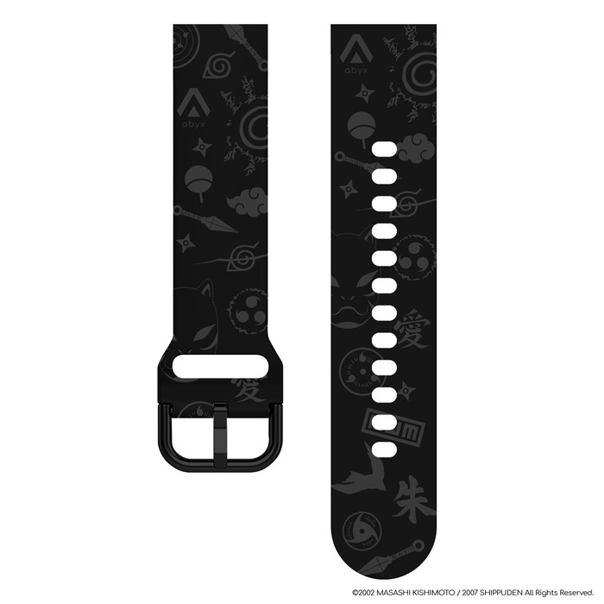 Due cinturini per smartwatch neri con disegni e simboli a tema Naruto su sfondo bianco.