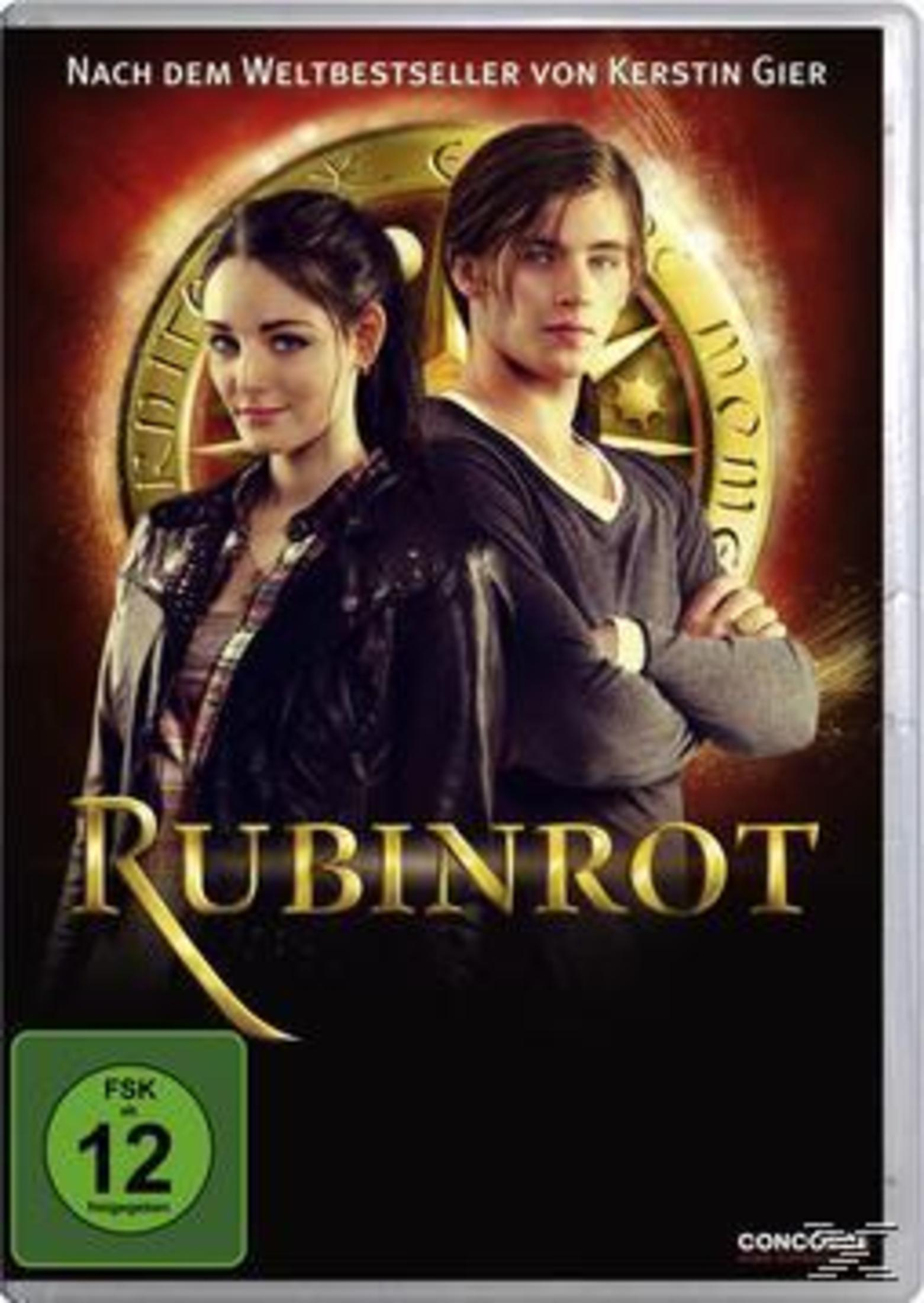 Ein DVD-Cover für den Film Rubinrot. Ein Paar steht vor einem goldenen Kreis.