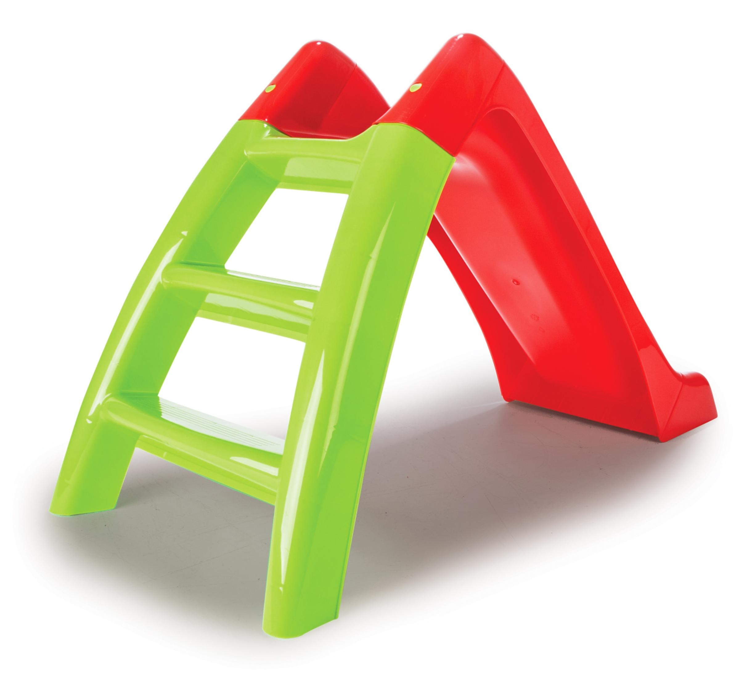 Rote und grüne Plastikrutsche mit Leiter. Weißer Hintergrund, Kinderspielzeug.