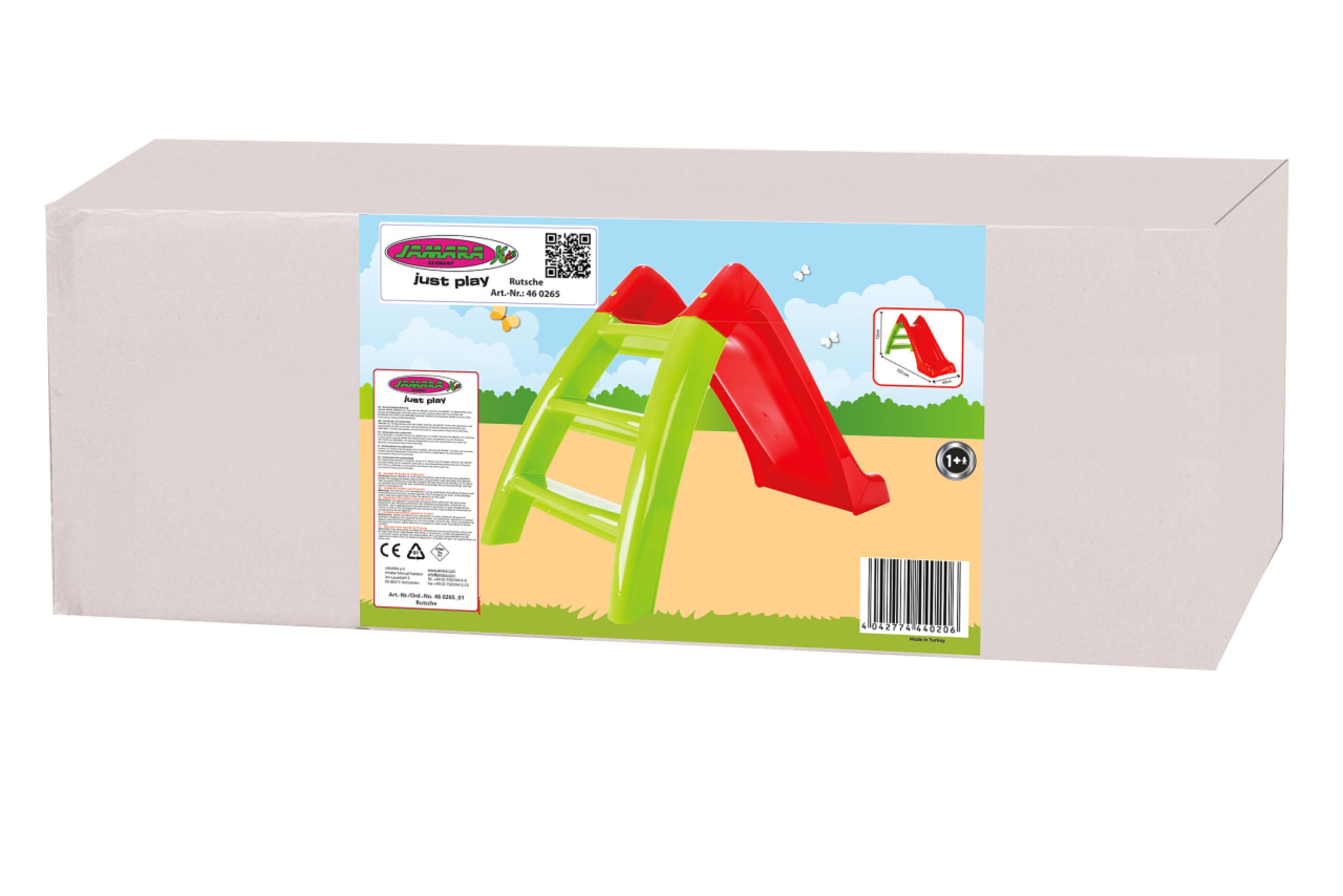 Verpackte Kinderrutsche mit grüner Leiter, roter Rutsche und bunter Illustration auf der Verpackung.