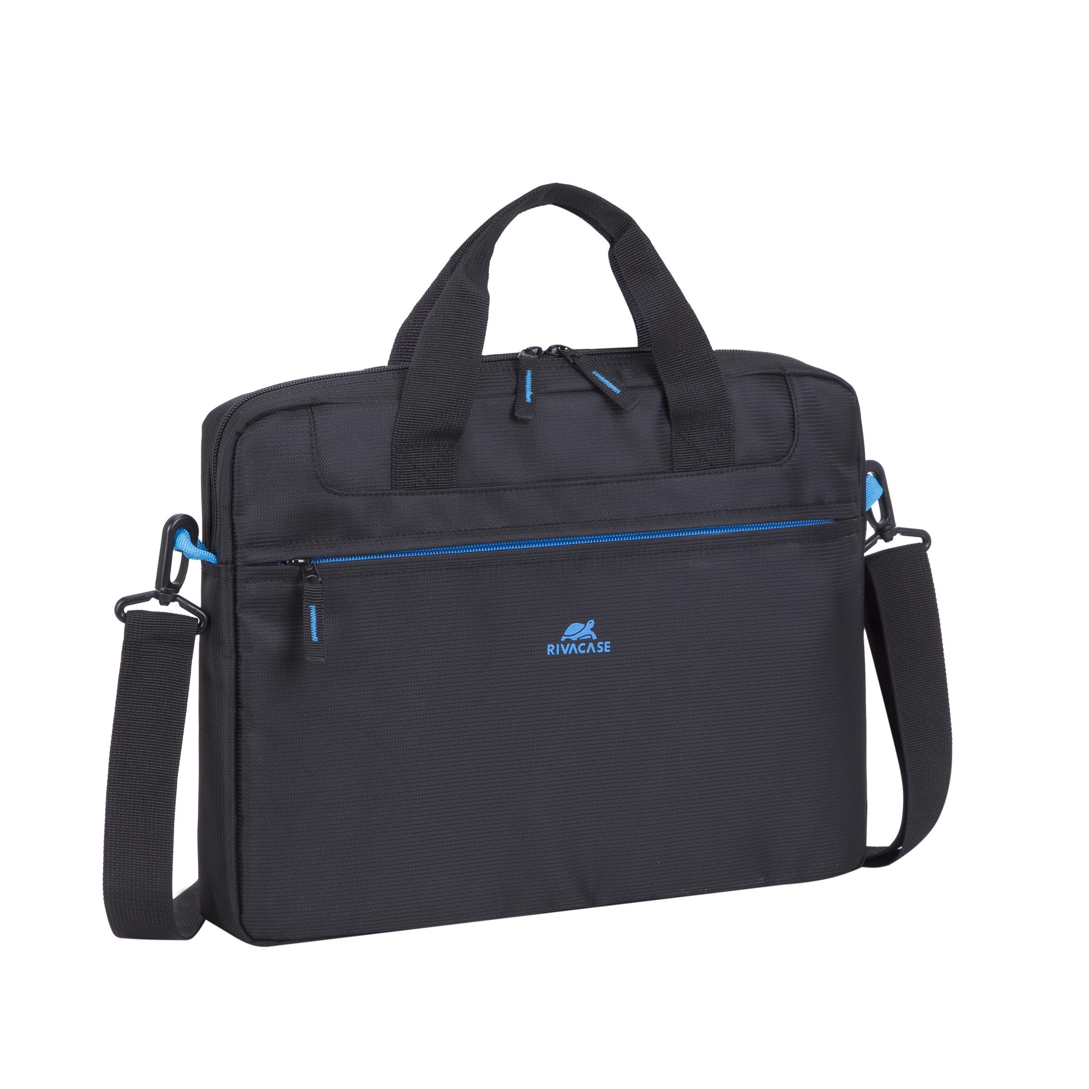 Schwarze Rivacase Laptoptasche mit blauen Akzenten und Schulterriemen.