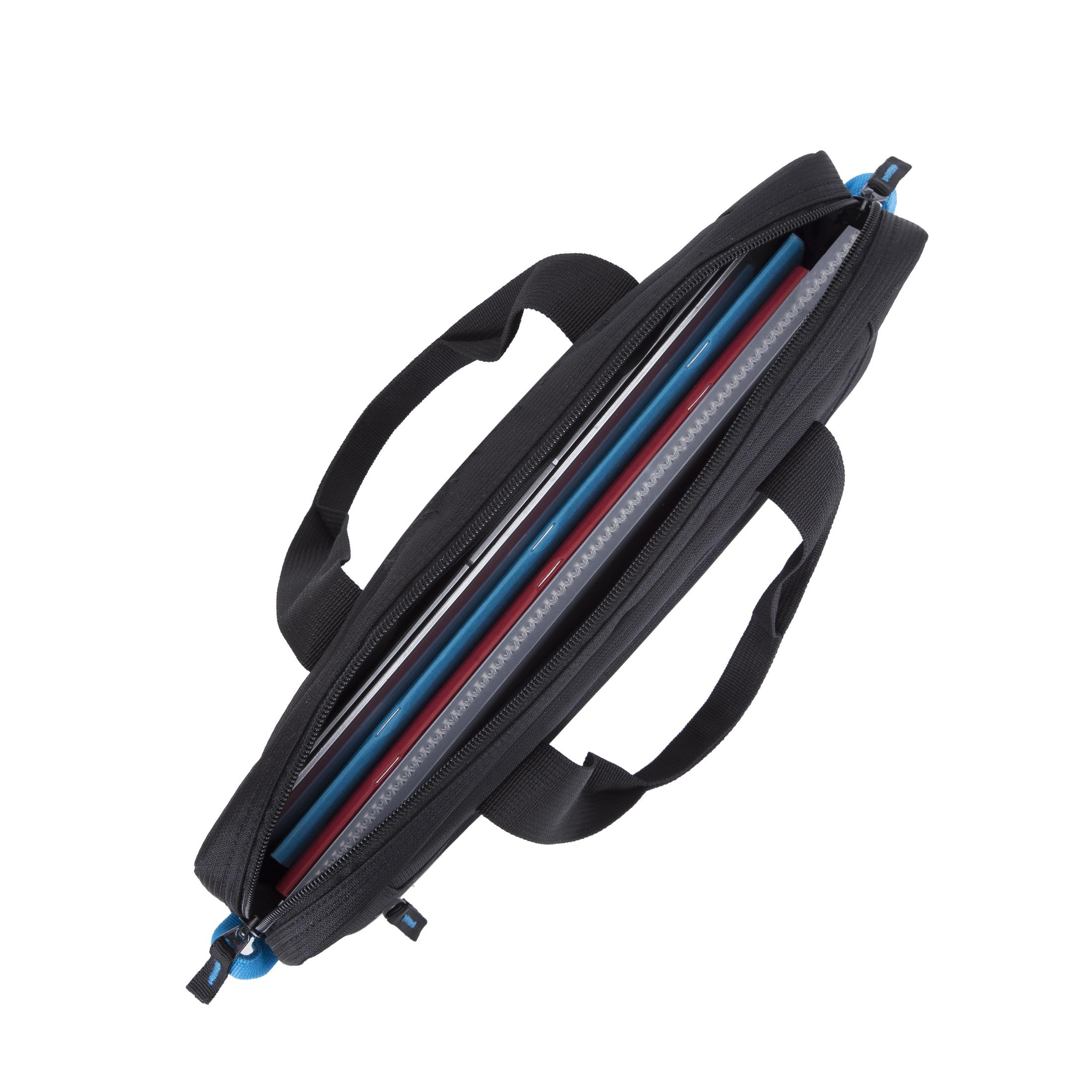 Eine schwarze Laptoptasche, geöffnet, mit Laptops im Inneren. Blauer Reißverschluss.