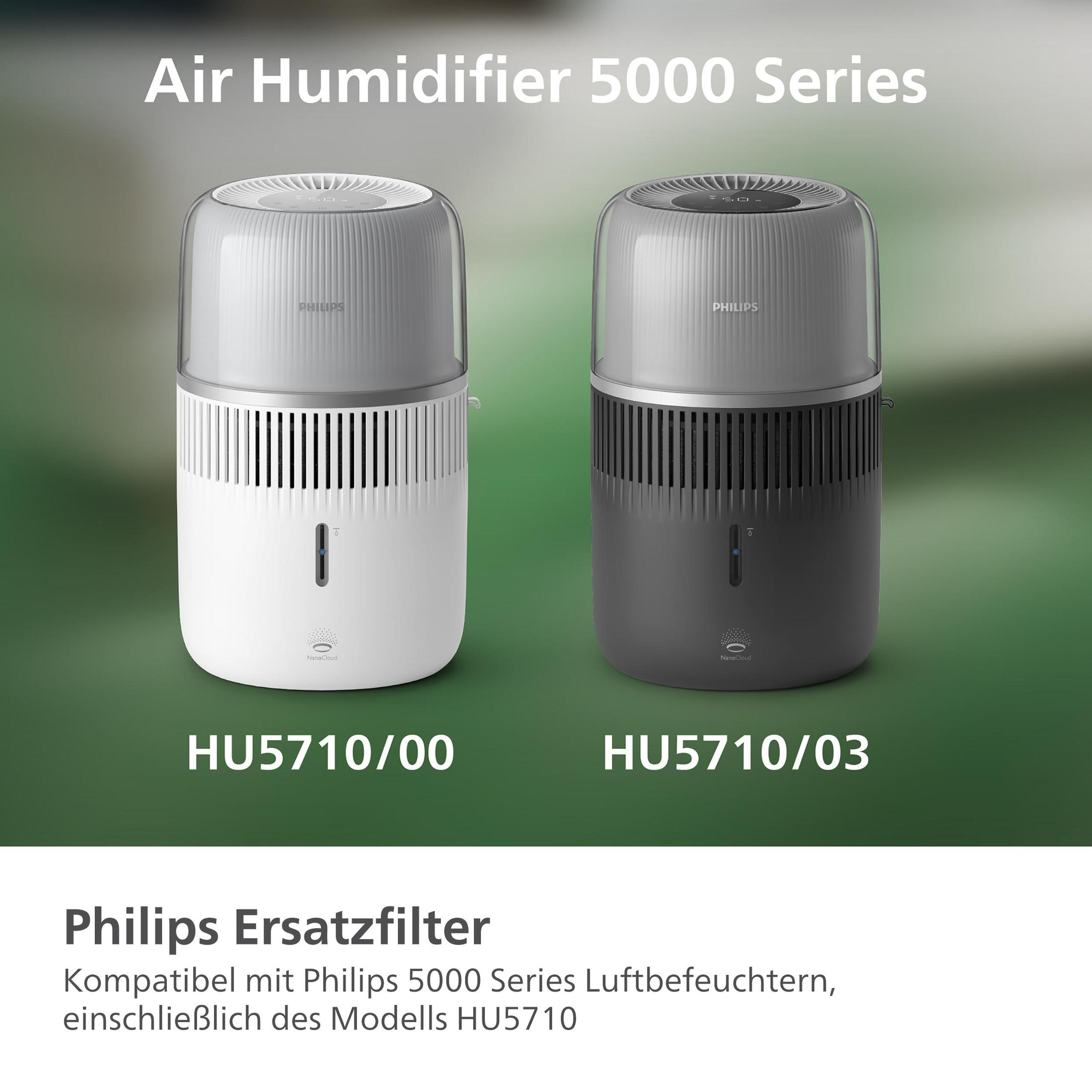 Zwei Philips Luftbefeuchter der 5000er Serie, weiß und dunkelgrau, mit Textetiketten.