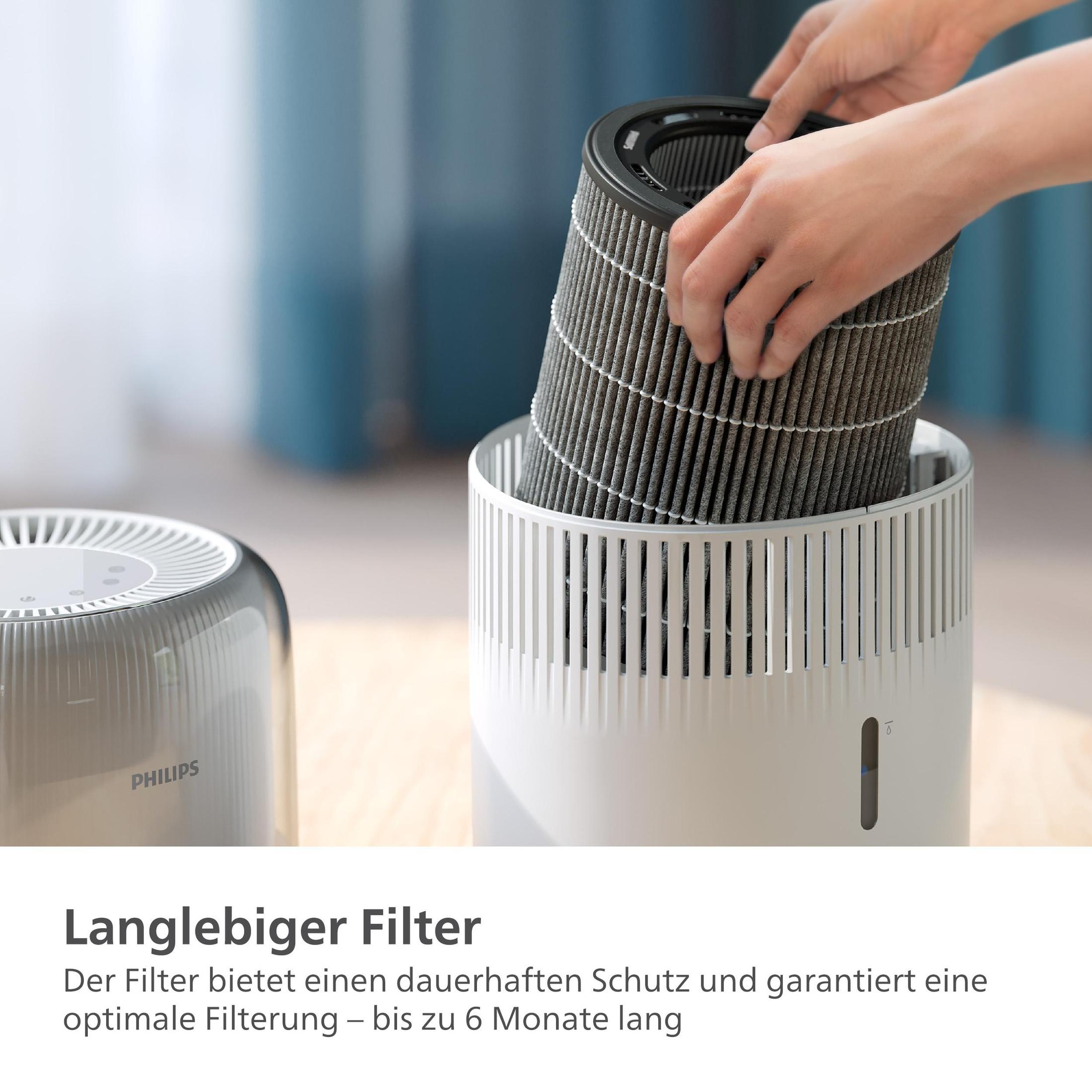 Person, die den Luftfilter austauscht, weißer Luftreiniger.