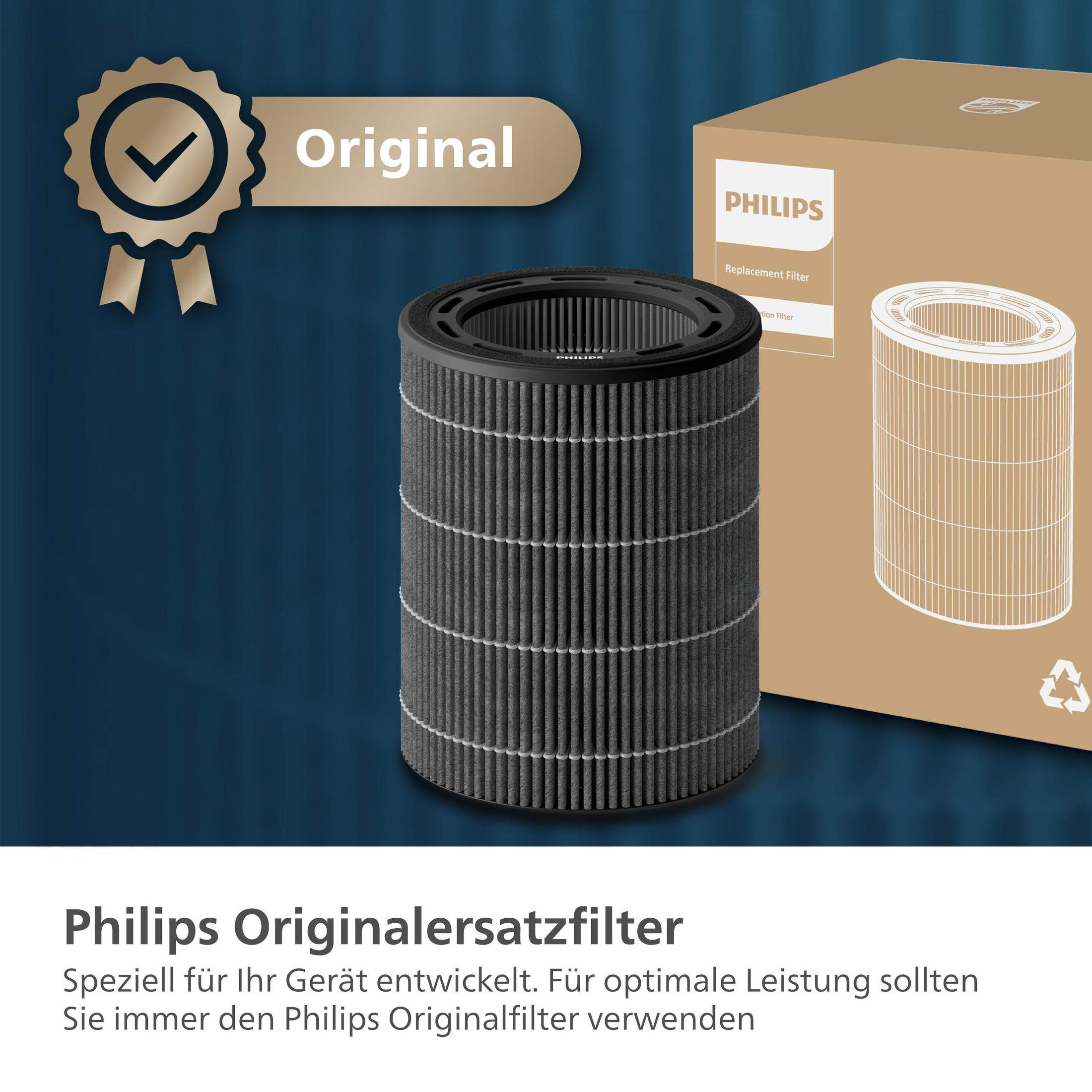 Philips Luftfilter mit Box. Schwarzer, zylindrischer Filter. Text sagt 'Original' und 'Philips'.