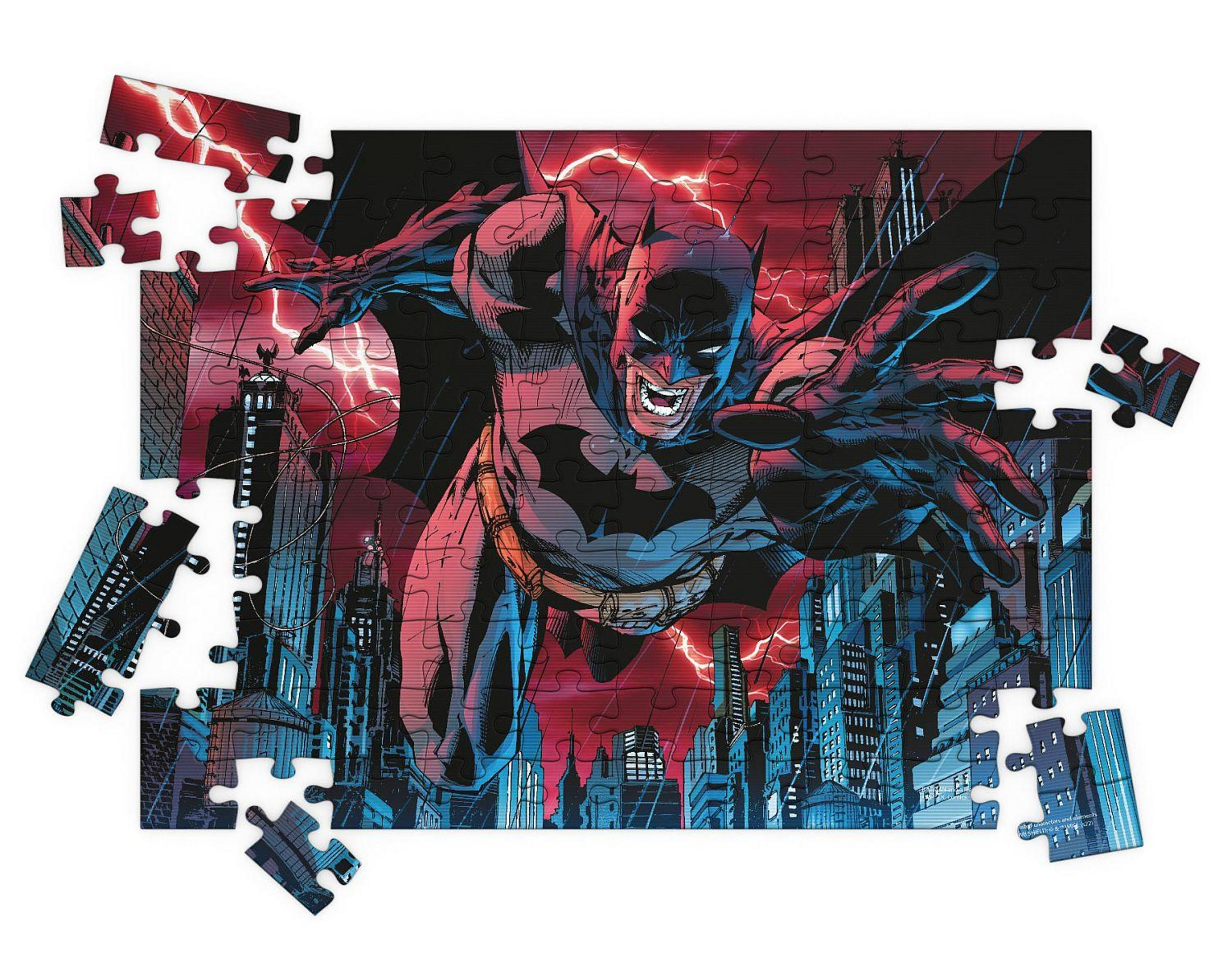 Batman saltando de una ciudad, rompecabezas con piezas faltantes.