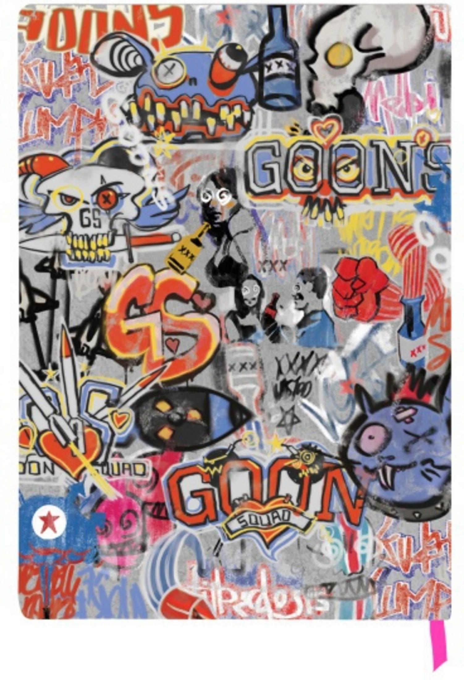 Ein mit Graffiti bedecktes Notizbuch mit dem Wort "GOON'S" und verschiedenen cartoonartigen Bildern, auf weißem Grund.