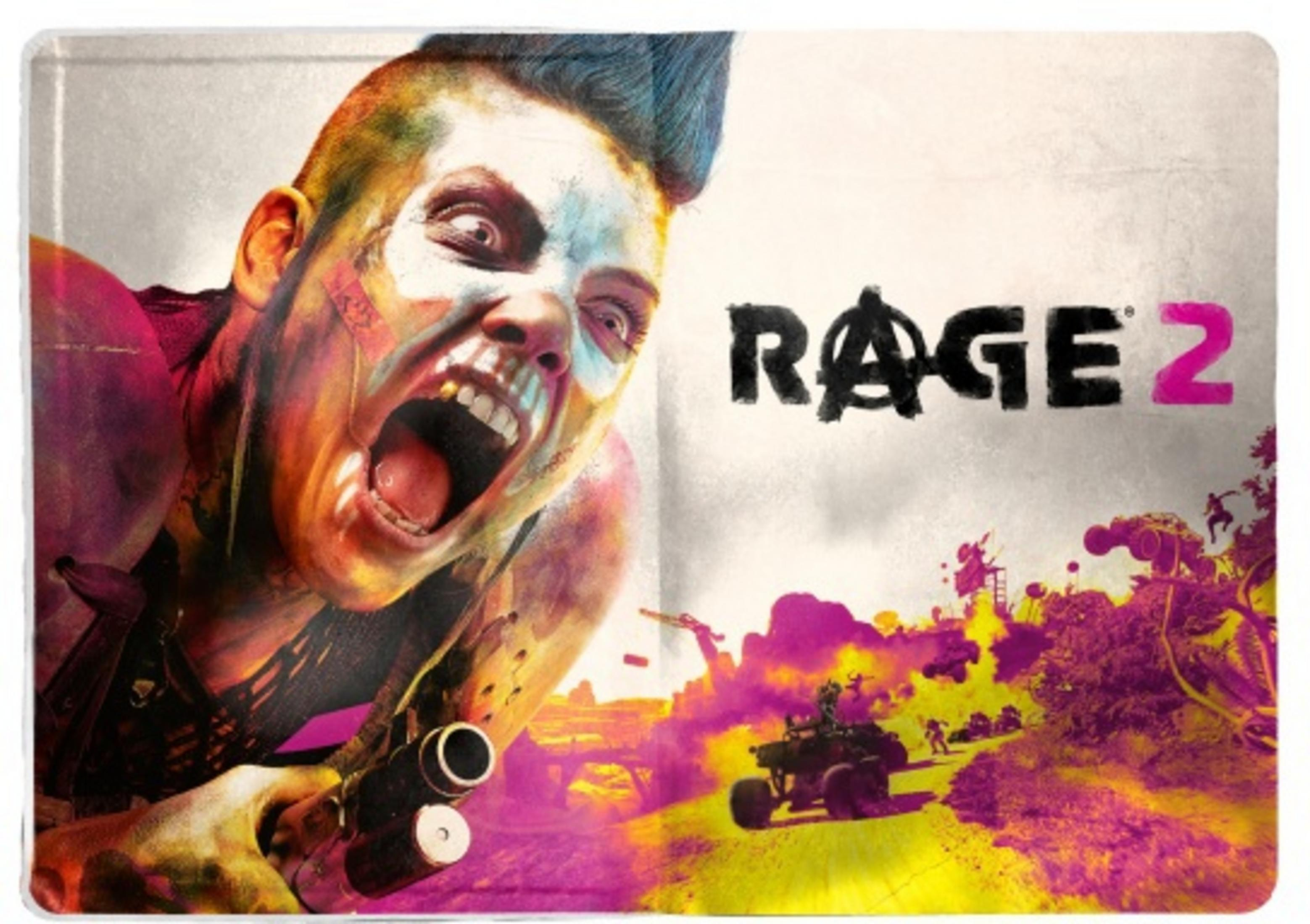 Rage 2-Spielcover mit einem schreienden Mann und einem Fahrzeug.