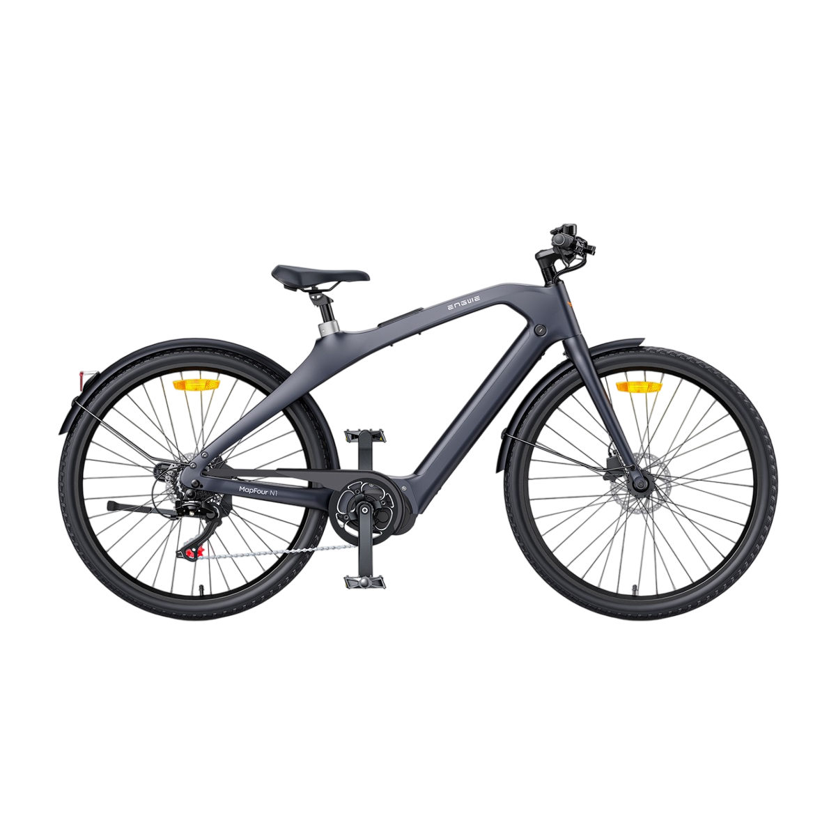 Ein Elektrofahrrad mit schwarzen Reifen und grauem Rahmen auf weißem Hintergrund.