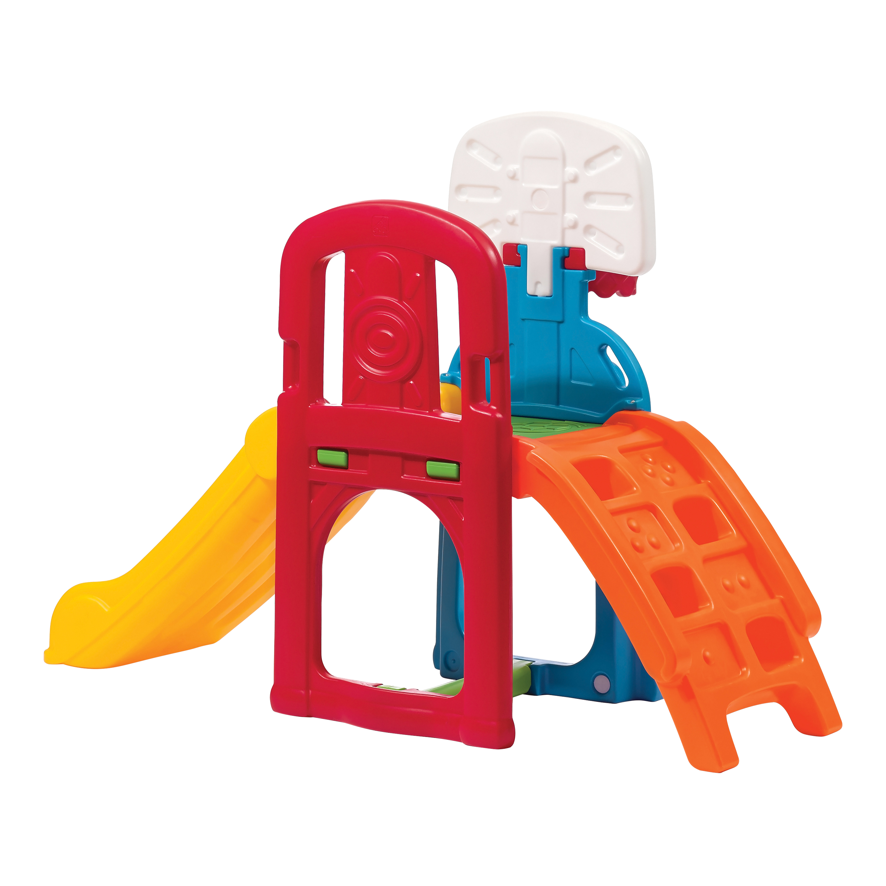 Buntes Kunststoff-Spielplatzset mit Rutsche, Kletterstufen und Basketballkorb.