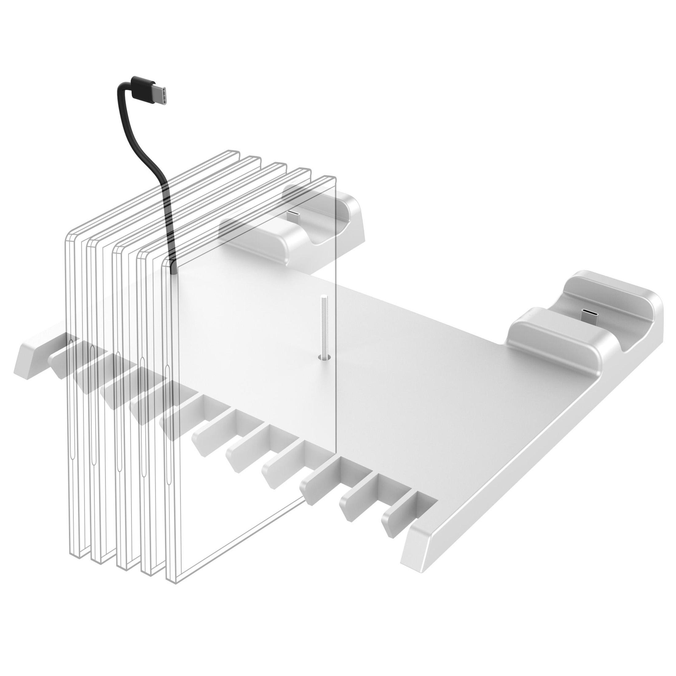 Soporte blanco para cargador. Paneles transparentes. Fondo blanco.