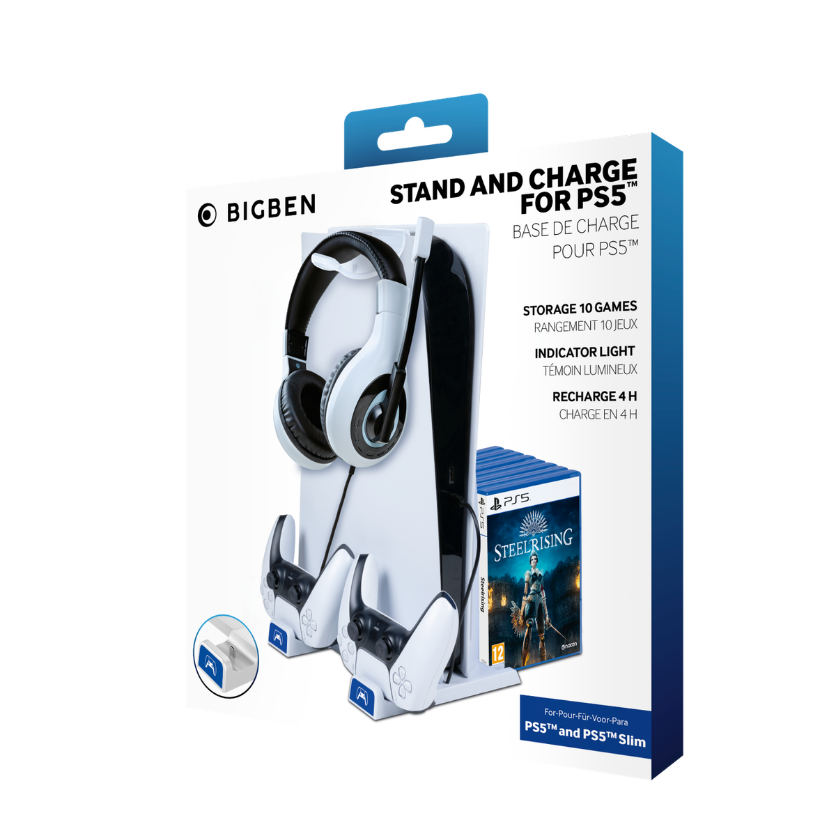 Caja de accesorios PS5, incluye soporte para auriculares y mandos, y un juego. Blanco.